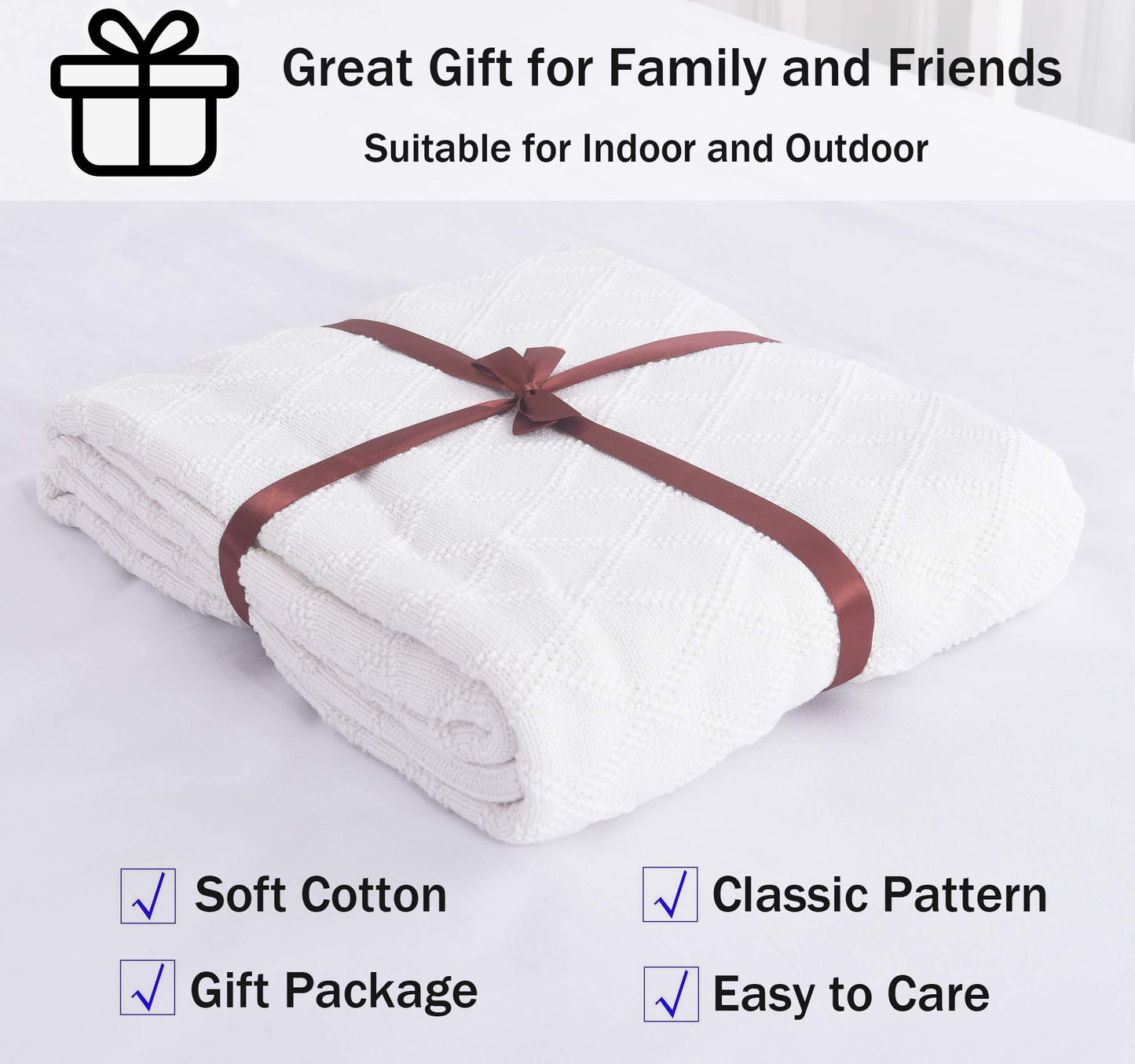 Cotton Knit White Throw Blanket for Couch Sofa Bed - Home Decorative Soft Cozy Sweater Woven Fall Throw Blanket