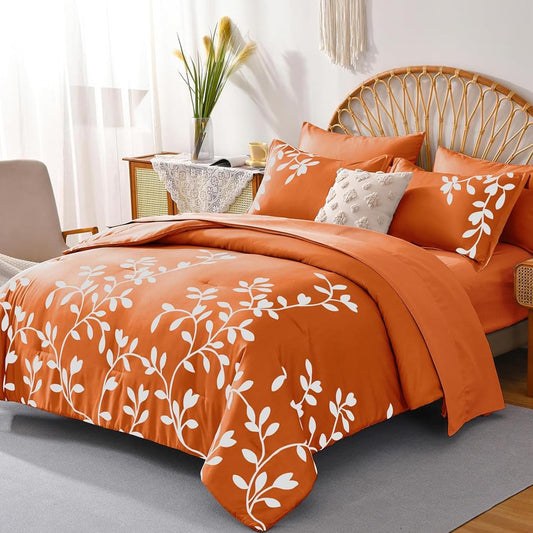 METAHOTS King Size Comforter Set - 7 Pieces Floral Botanical Printed on Orange King Comforter Set with Sheets, Fall Soft Lightweight Microfiber Bedding Set for All Season(104"X90")