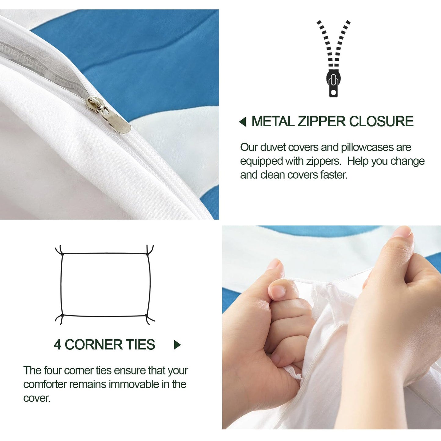GKPLY Waves Bedding Sets, Blue White Stripes Duvet Cover Full, Ocean Wave Comforter Cover with Zipper & Ties, 3 Pieces Quilt with 2 Pillowcases, Easy Care