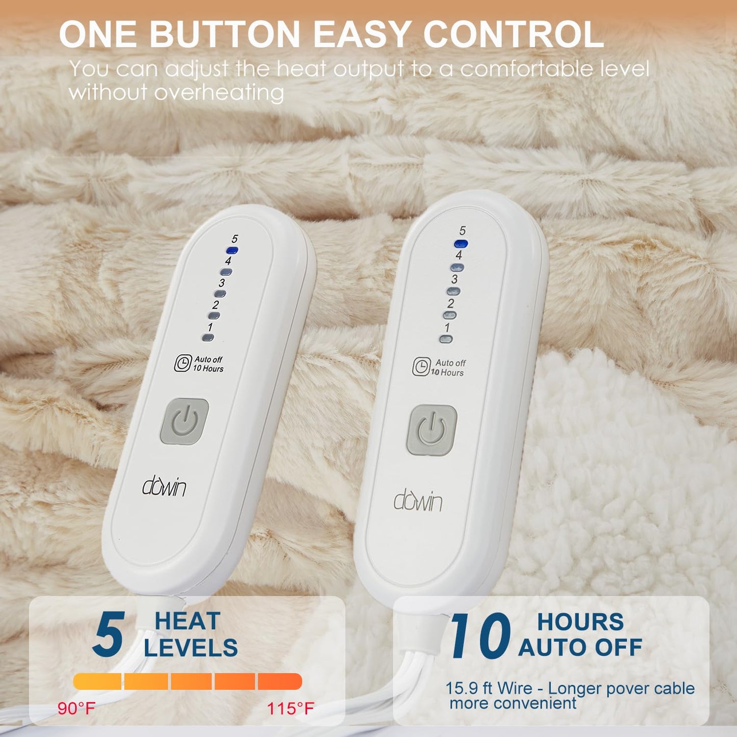 Dowin Faux Fur Heated Blanket Queen Size- Dual Control Reversible Electric Blanket 84x90 Inches, Fast Heating with 10 Hrs Auto-Off & 5 Heat Settings,Machine Washable,Beige