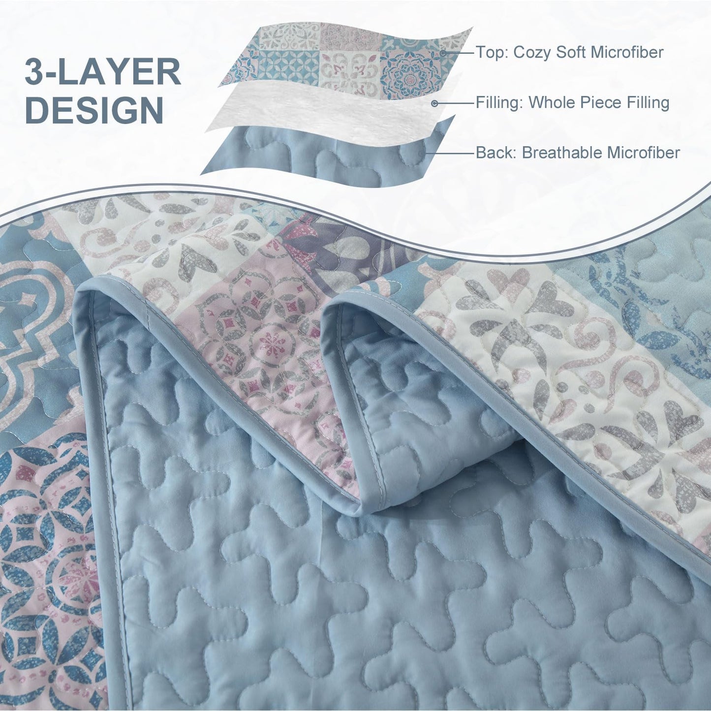 Dobuyly Quilt Set Queen Size, Light Blue/Pink Patchwork Bedspread 3 Pieces, Boho Plaid Summer Coverlet Set, Soft Lightweight Quilt Bedding Set for All Seasons 96"x90"