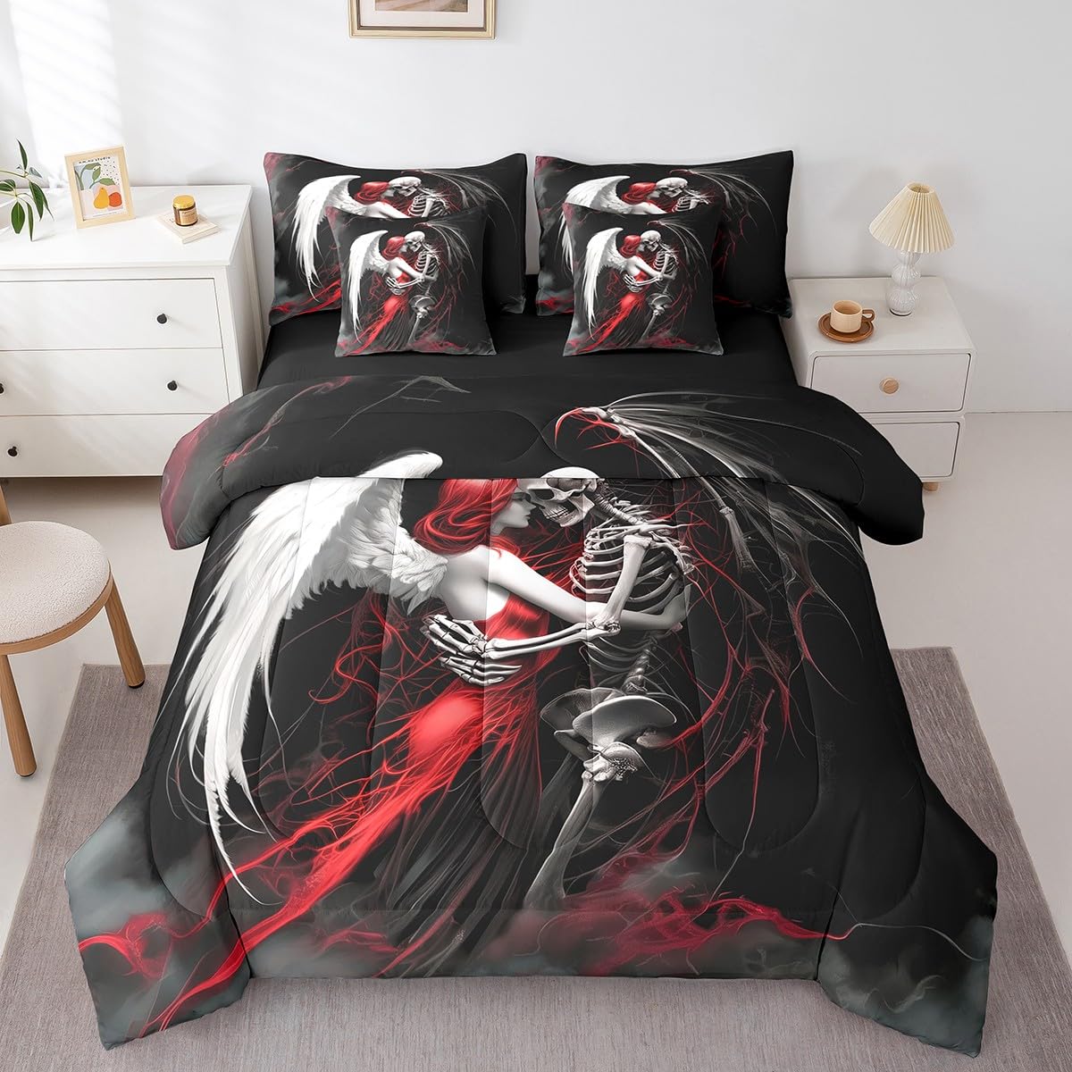 Erosebridal Gothic Skull Couple Bed in A Bag Full Size,Valentine's Day Comforter Set Skull Skeleton 7 Piece Bedding Set Red Black Angel Skeleton Sheet Set with Comforter for Men Women Room Decor