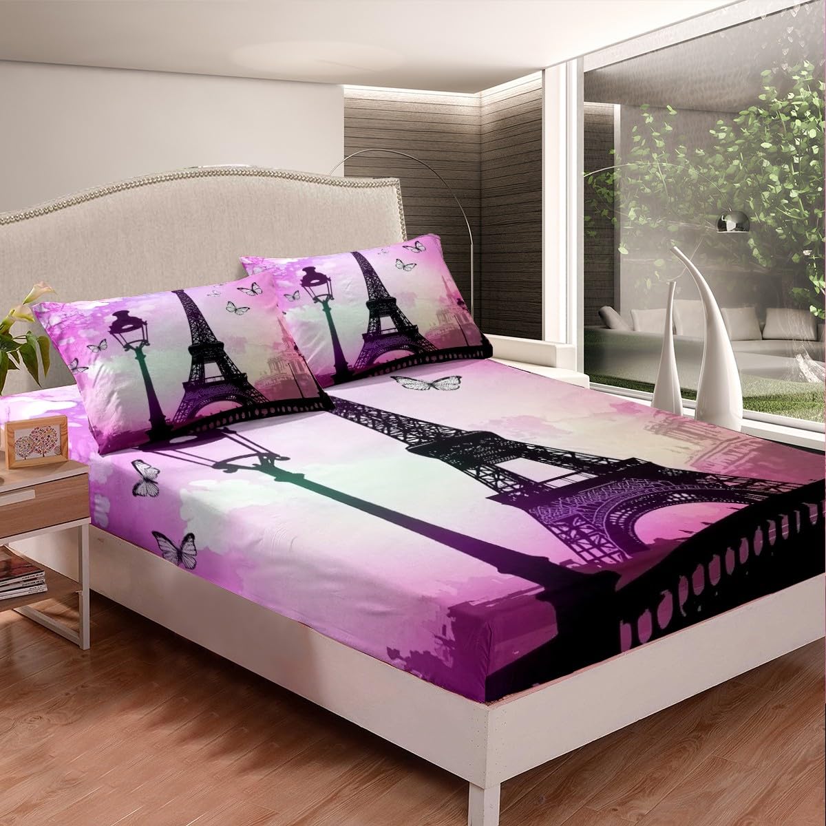 Eiffel Tower Fitted Sheet Full for Boys Kids Teens Bedroom,Fashion Paris Buildings Bedding Set(No Top Sheet),Dreamy Purple Sky Bed Sheet,French Style Bed Cover,2 Pillowcases