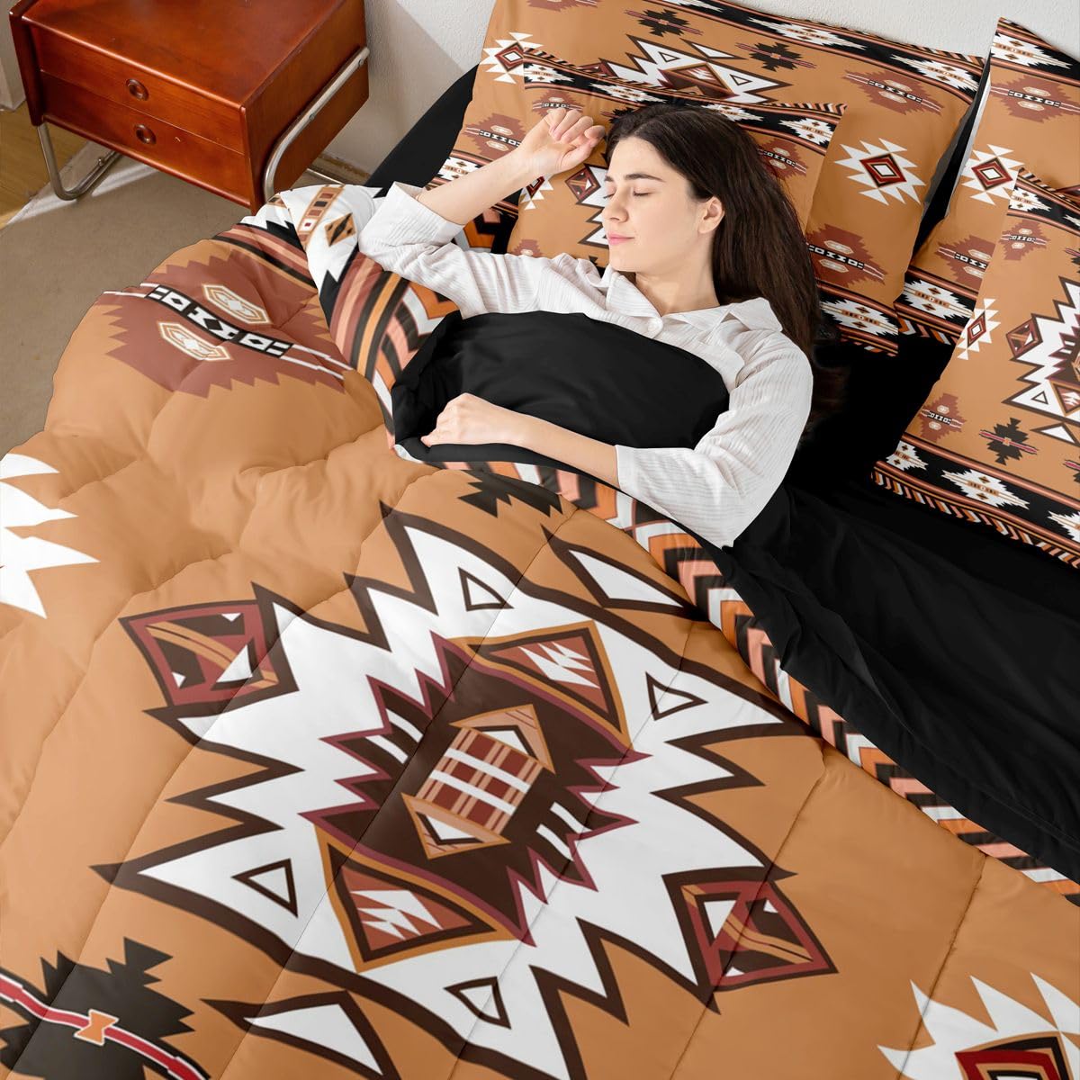 Erosebridal Western Twin Comforter Set with Sheets | Boho Decor Geometric 7 Piece Bedding Set Bohemian Aztec Bed in a Bag, Ethnic Tribal Arrow Room Decor,Brown