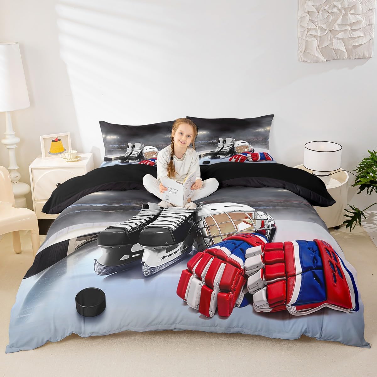 Erosebridal Ice Hockey Bedding Set Full Hockey Player Duvet Cover for Kids Boys Girls Teens Juvenile Sports Game Comforter Cover Set Soft Microfiber Winter Sports Bedroom Decorative, Zipper