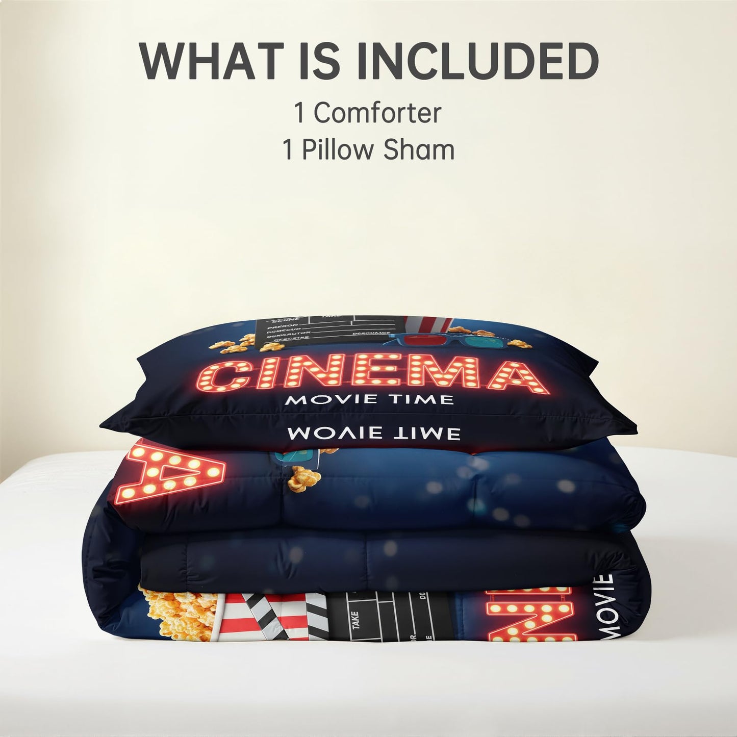 Movie Theater Comforter Set Twin Size 2 Pcs - All Season Comforter & Pillowcase, Popcorn Cinema Bedding Set, Soft Lightweight Down Alternative Duvet Insert, Clapperboard Bedroom Decor
