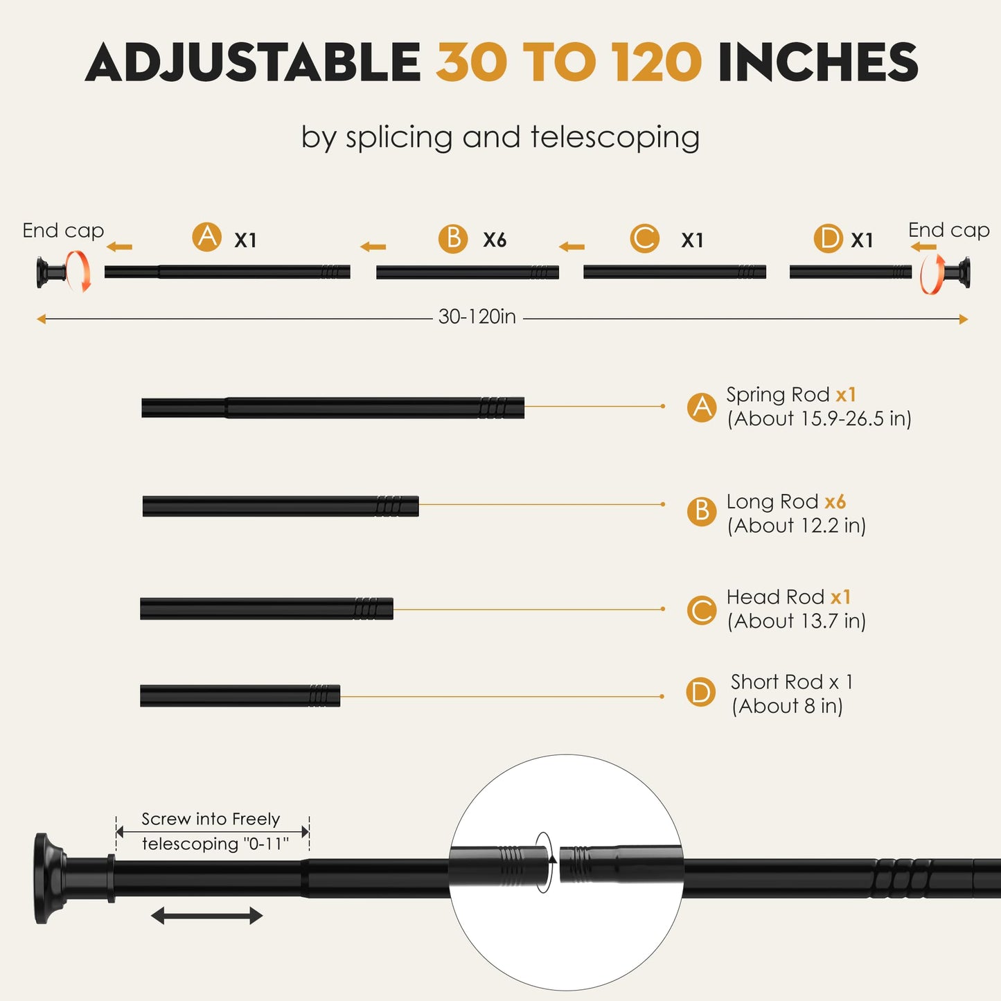 Haryaers Black Long Curtain Rod Tension Shower Curtain Rods 30 to 120 inch Adjustable Spring Heavy Duty Rods for Bathroom Windows Outdoor No Drill No Slip Spliced and Telescopic Design