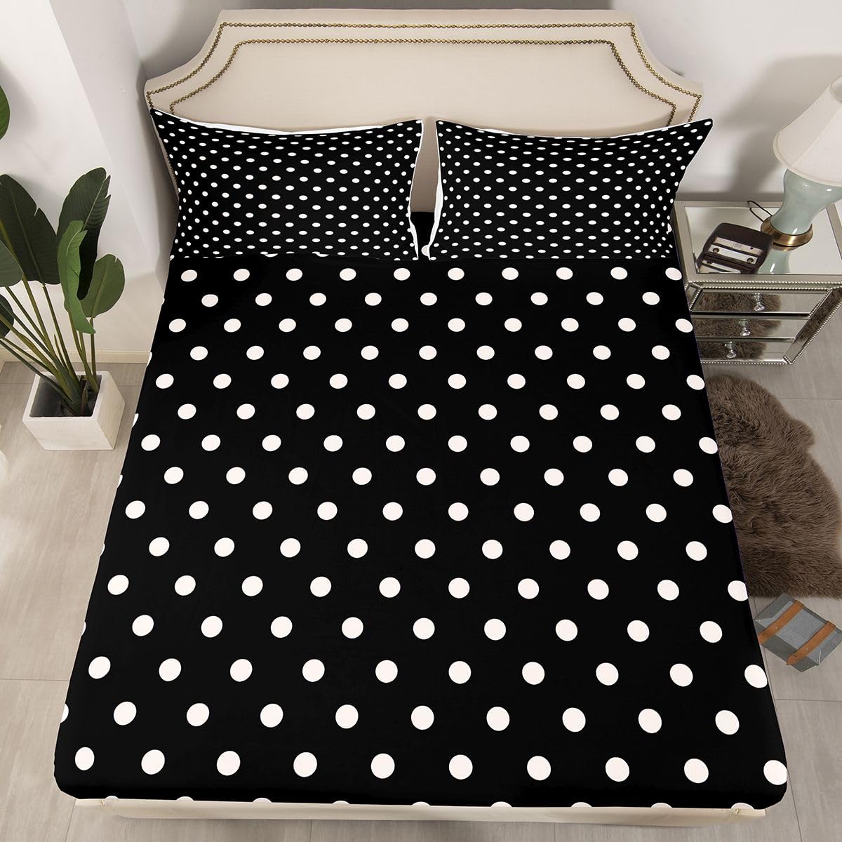 jejeloiu Black White Polka Dot Fitted Sheet Full Size for Kids Boys Girls Retro Cute Polka Dot Bed Sheets Set 16" Deep Pocket Soft Breathable Geometric Bedding with 2 Pillowcases Luxury Room Decor