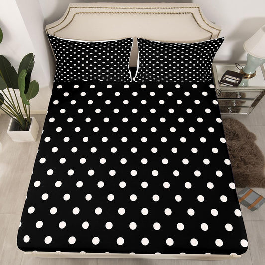 jejeloiu Black White Polka Dot Fitted Sheet Full Size for Kids Boys Girls Retro Cute Polka Dot Bed Sheets Set 16" Deep Pocket Soft Breathable Geometric Bedding with 2 Pillowcases Luxury Room Decor
