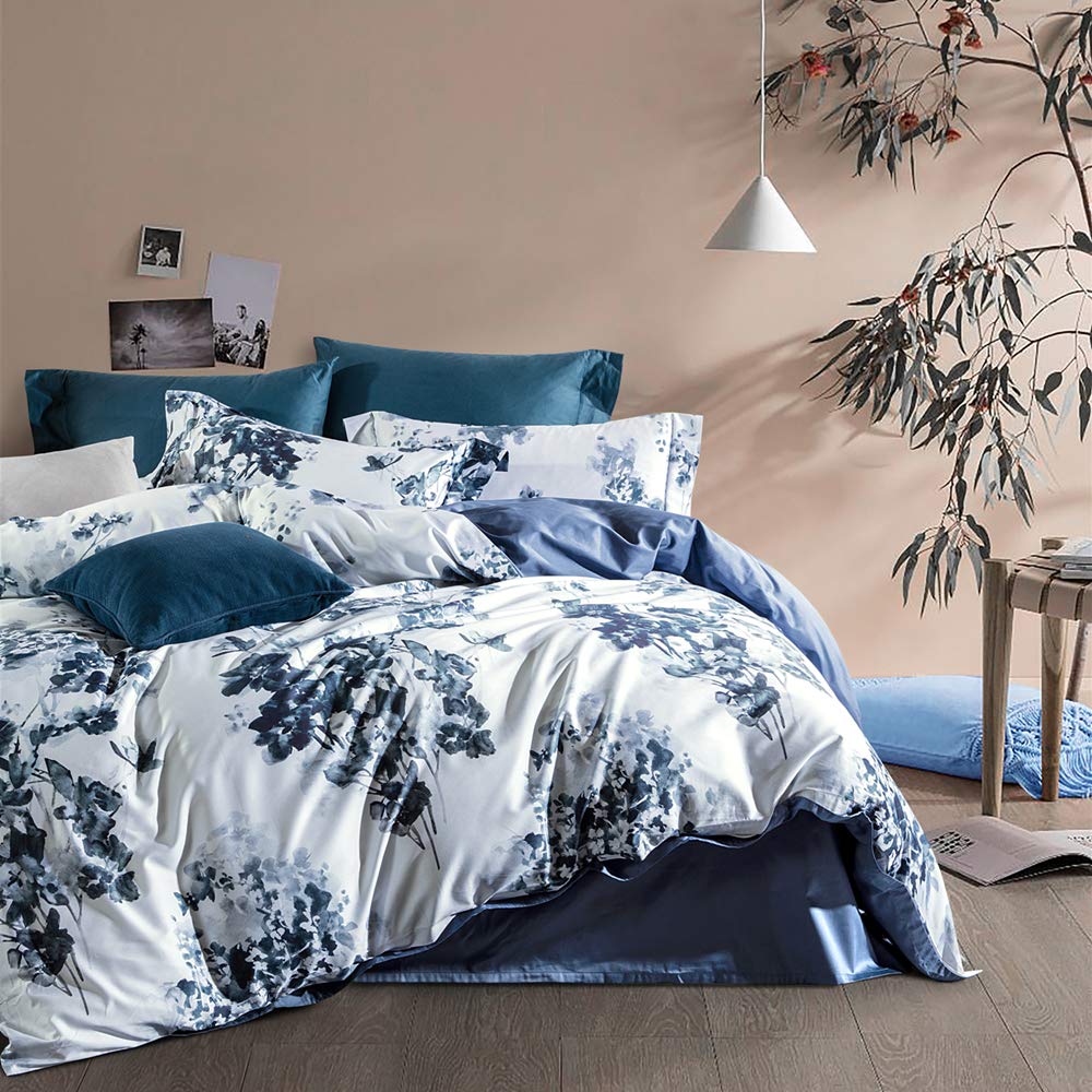 MILDLY 100% Long Staple Cotton Duvet Cover Set Navy Blue Leaves Printed Comforter Cover Set Watercolor Plant Floral