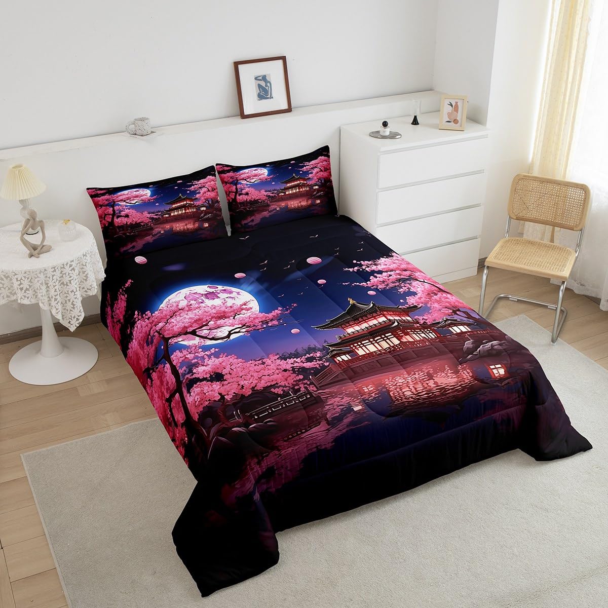 Pink Cherry Blossoms Comforter Set Queen Size,Japanese Style Building View Bedding Set for Kids Girls Women Men Bedroom Decor,Night Moon Quilt Set Romantic Exotic Duvet Insert,2 Pillowcases