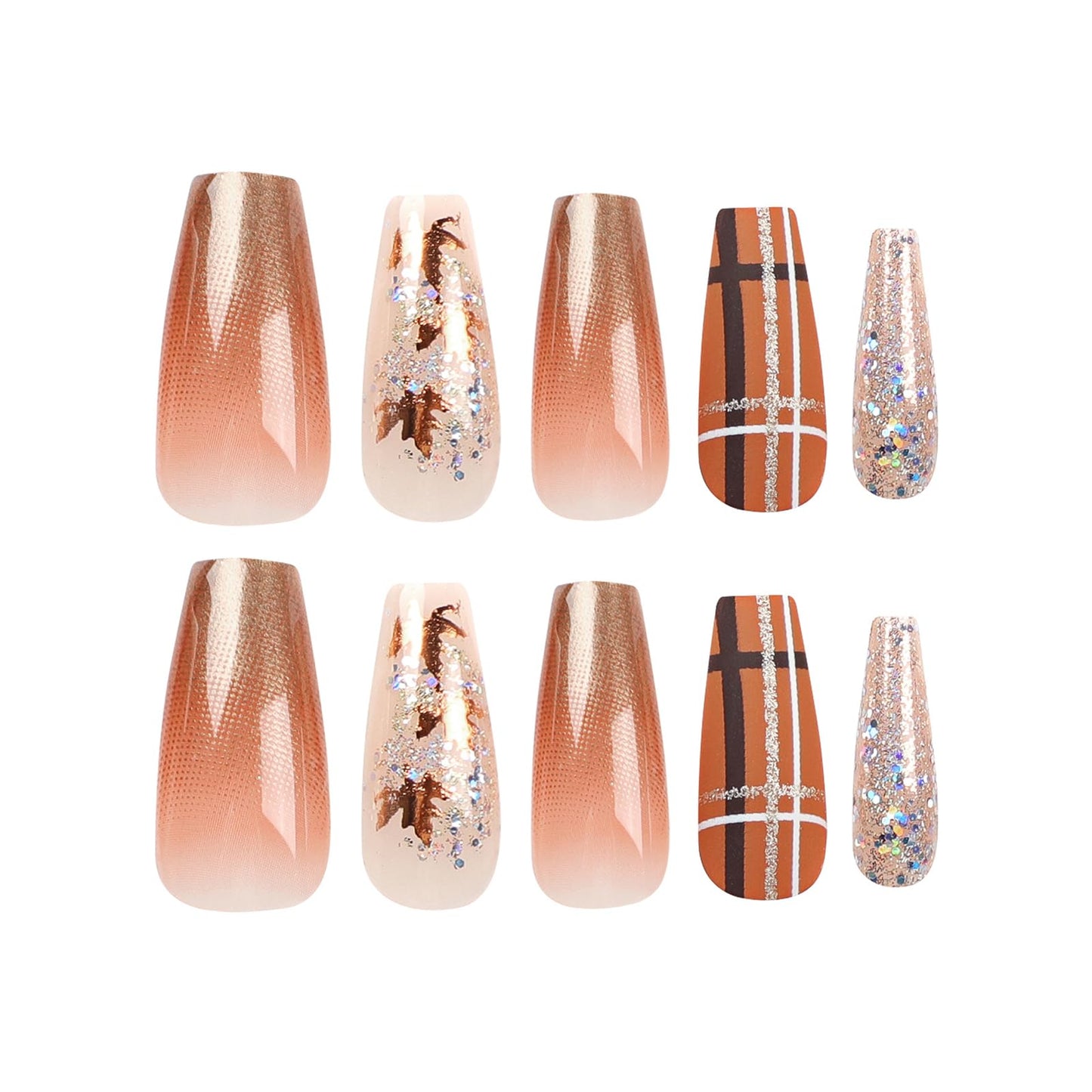 MISUD Press on Nails - Long Coffin Fake Nails with Fall Maple, Acrylic Autumn Design 24 pcs