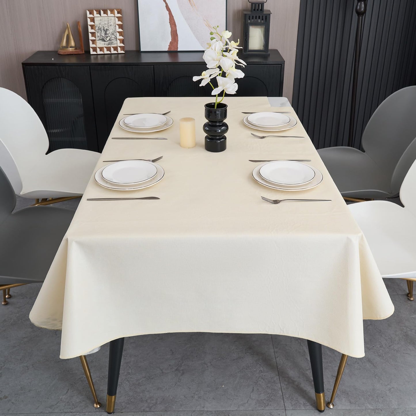 Rectangle Tablecloth Wipeable Vinyl Tablecloths with Flannel Backing, Plastic Outdoor Oil-Proof Waterproof Table Cover, Both Indoors and Outdoors. (Beige, 52" x 70")
