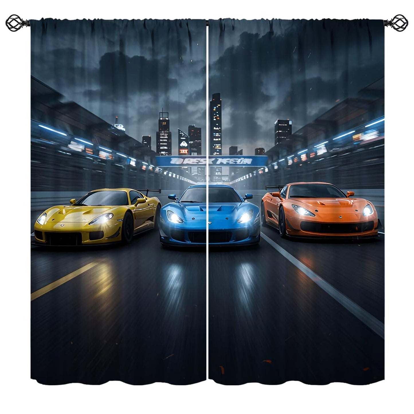 Nsbul Speed Racing Curtain, High-Speed Night City Extreme Sport Cars Cool Design Window Drapes for Kids Boys Bedroom Living Room, 42" W X 45" L (No Blackout)