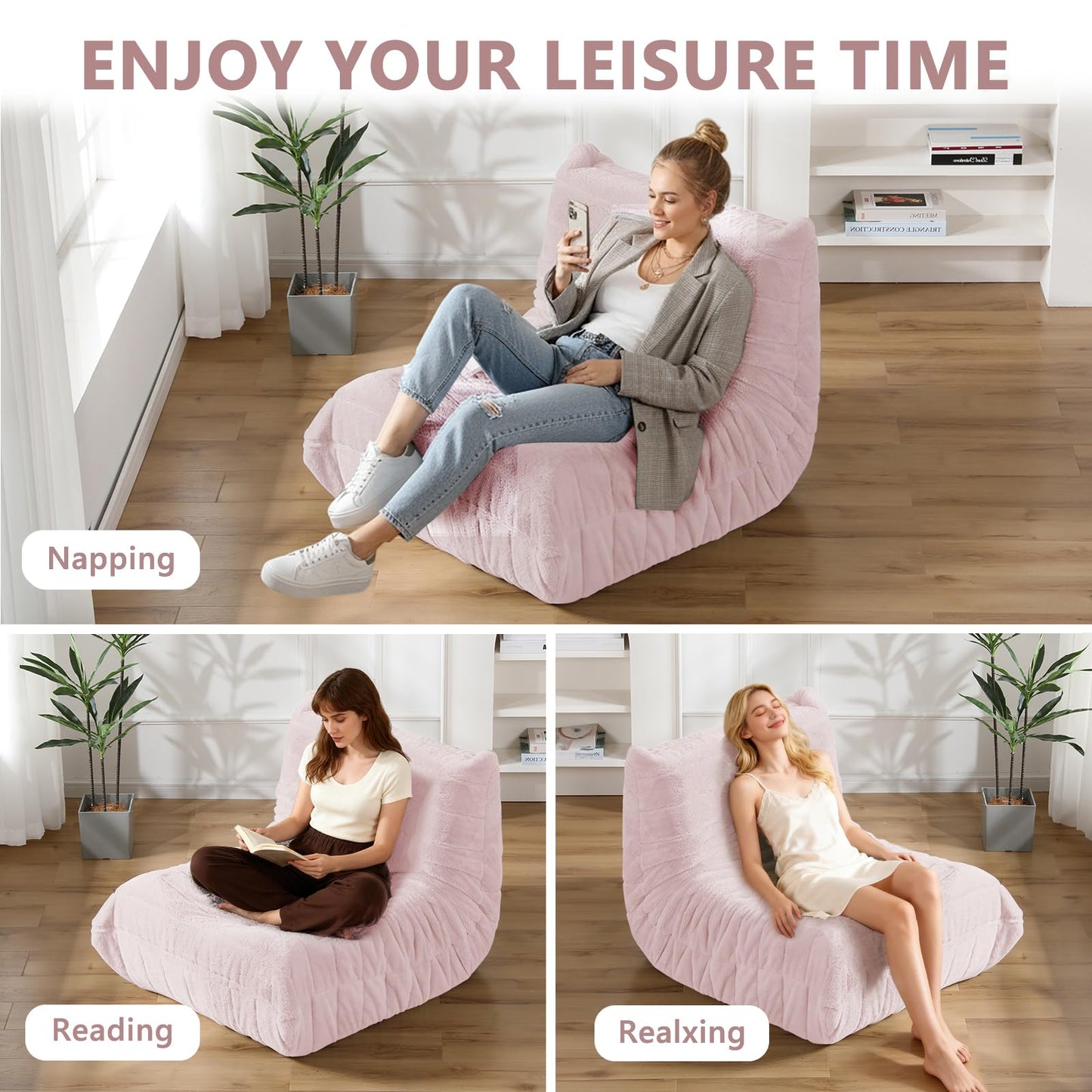 Bean Bag Chair for Adults, Giant Bean Bag Sofa Oversized Beanbag Chairs, Fireside Bean Bag Couch with High Density Sponge Filled Large Bean Bags Chair for Apartment Living Room Bedroom, Dusty Pink
