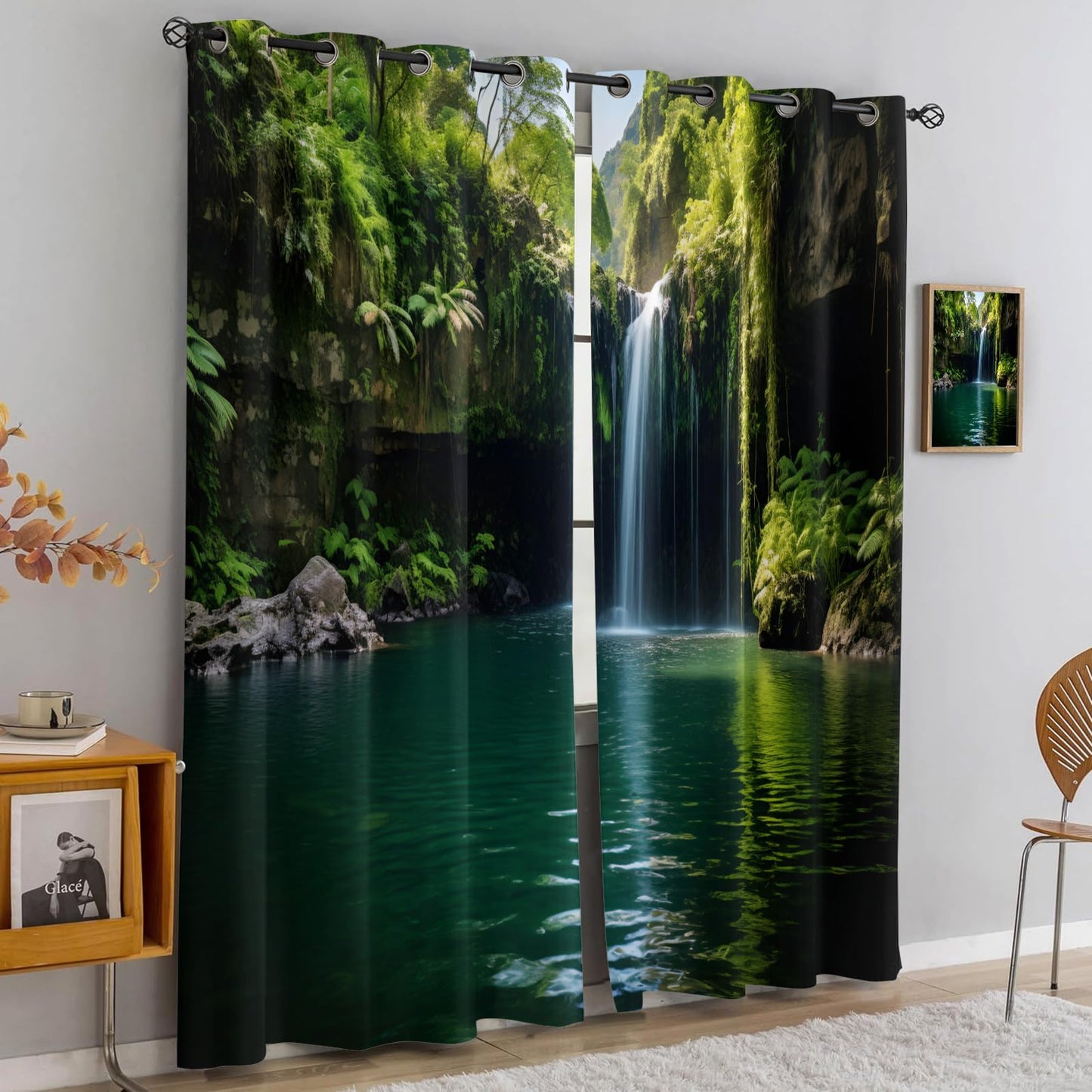JAXIUOF Green Forest Curtains for Living Room 63 Inch Long 2 Panels, 3D Waterfall Blackout Curtains, Tropical Jungle Window Treatments for Living Room Bedroom Dining Room Office
