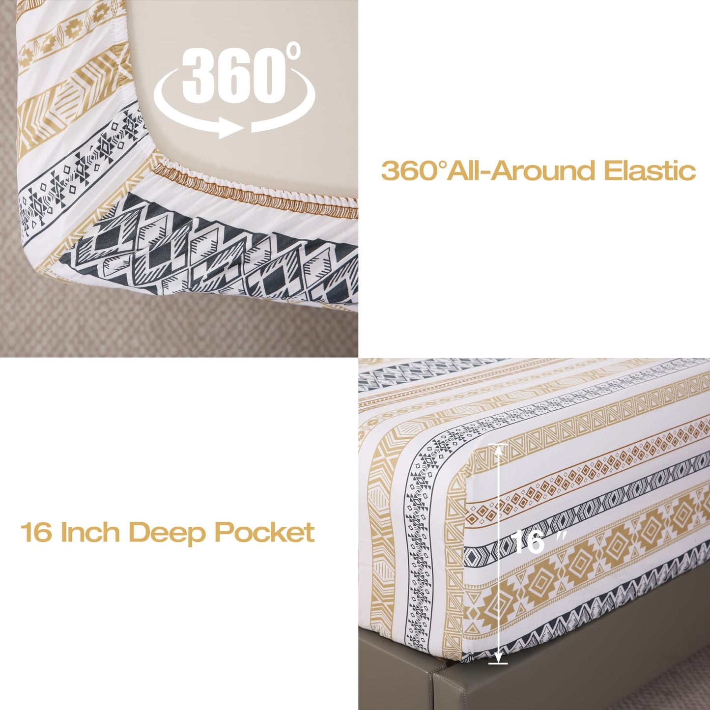 Yibeizi Striped Printed Sheet Set Queen, Boho Pattern Bed Sheets Farmhouse Bedding Sheets & Pillowcases Soft Microfiber 15" Extra Deep Pocket Fitted Bedsheet 4 Piece