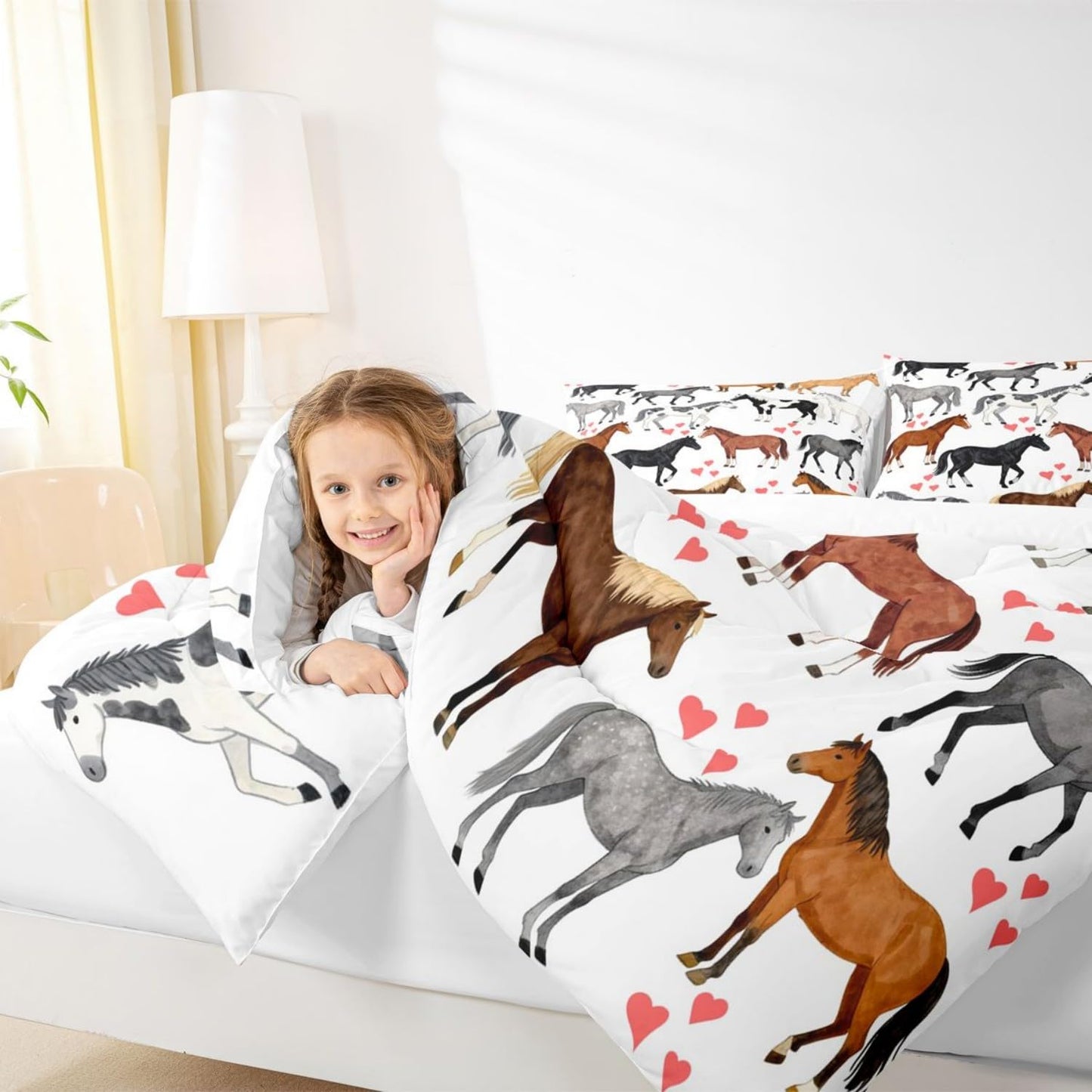 Erosebridal Kawaii Comforter Horse Comforter Set Queen Farm Bedding Set Kids Boys Girls Cute Animal Duvet Set Cartoon Horses with Pink Lover Heart Room Decor Duvet Set Cowboy Cowgirls Comforter Set