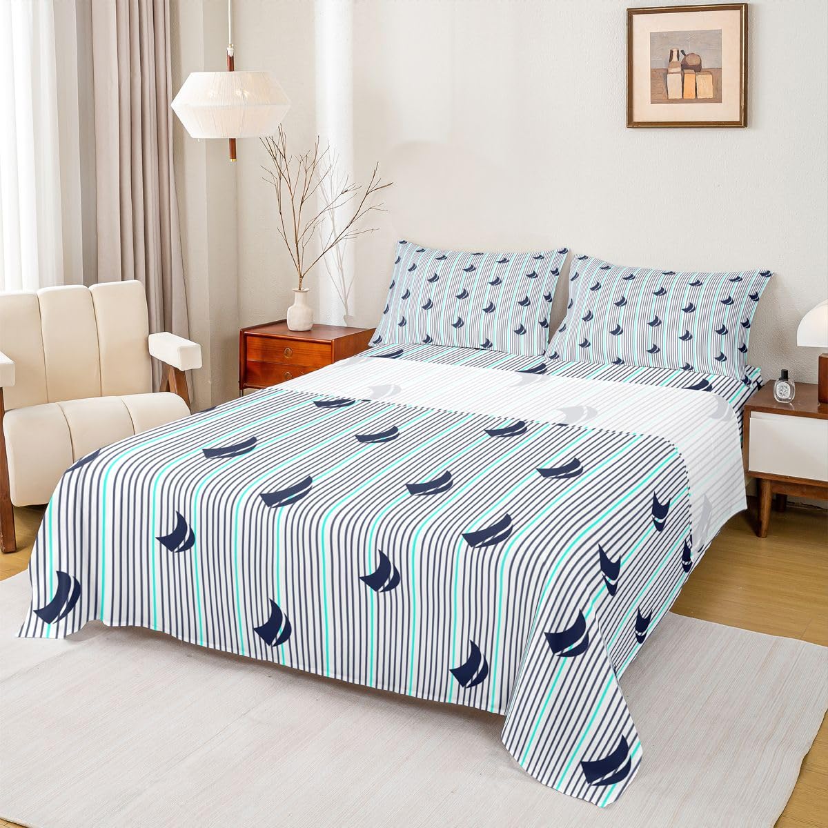 Feelyou Natural Bed Sheets Set Full Size Southern Tide Sheet Set for Kids Boys Girls Decor Coastal Sheets with Deep Pocket Fitted Sheet Boat Strip Lines Grey Bedding Set Bedroom