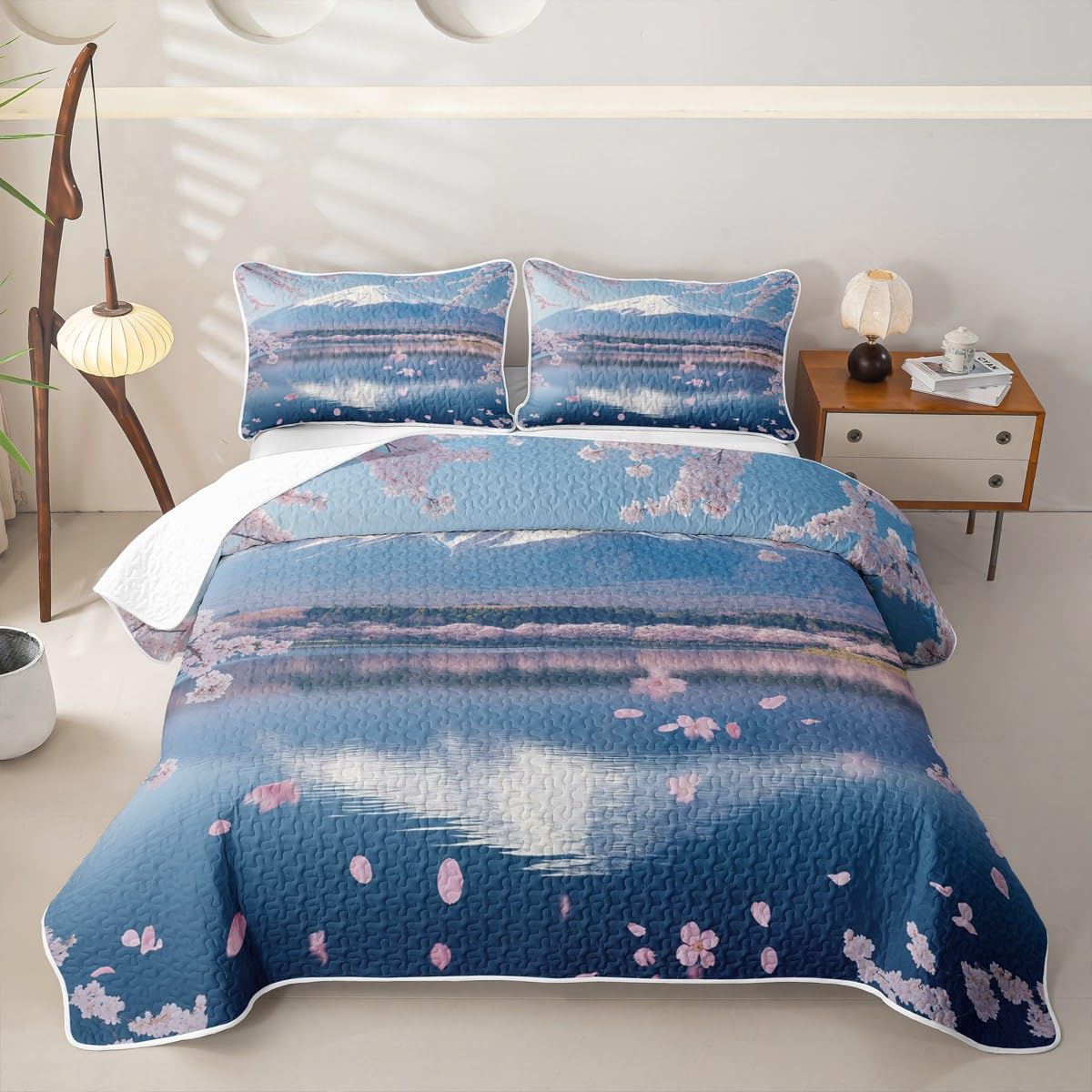 Erosebridal Cherry Blossoms Quilt Set Full Mount Fuji Quilt Japanese Style Bedding Coverlet Pink Flowers Bedspread Bedroom Decor