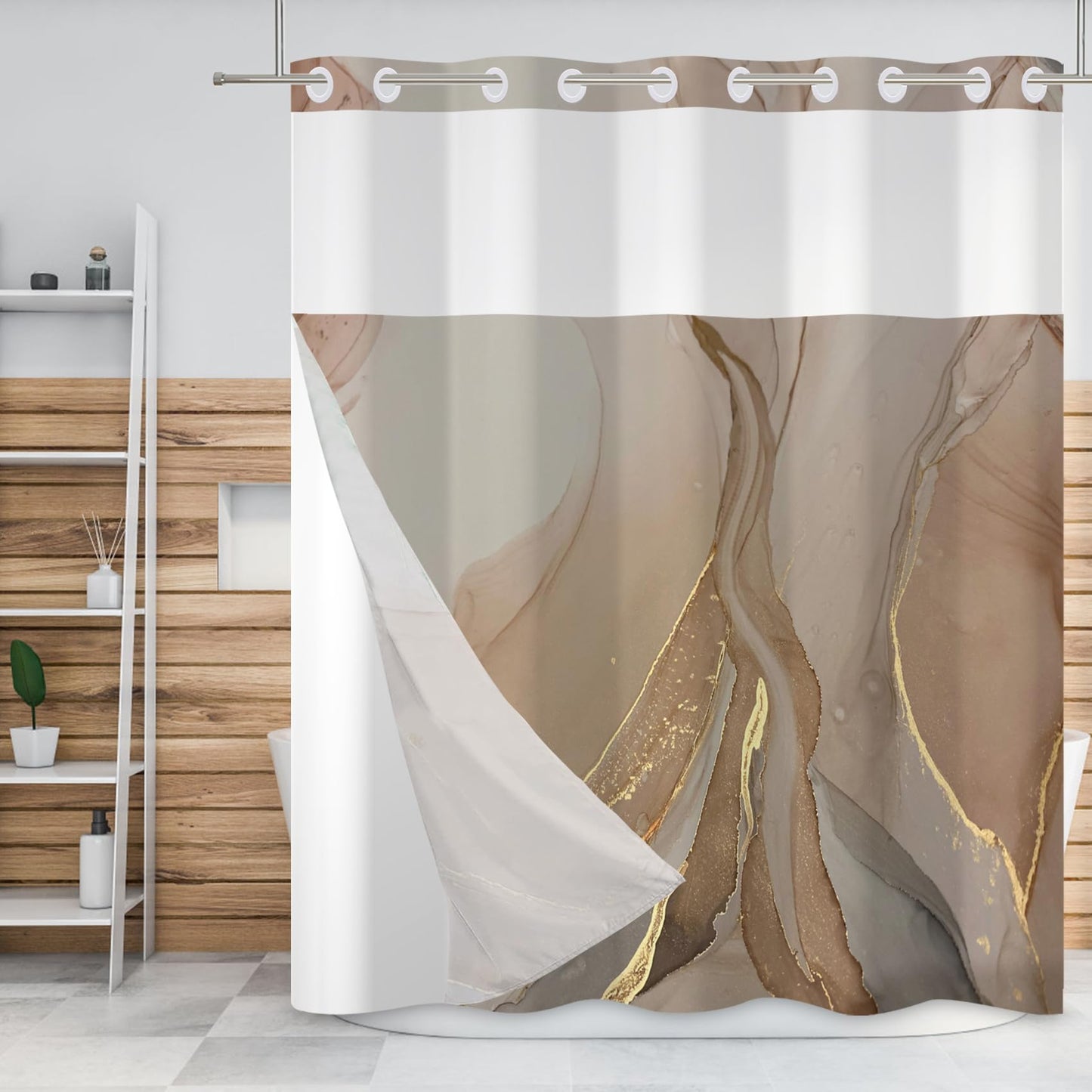 Baocicco No Hook Brown Marble Shower Curtain Golden Cracked Lines Shower Curtain with Snap-in Fabric Liner Set Double Layer Waterproof Fabric with Bathtubs Hotel Curtain Set Bathroom Decors 71x74 Inch