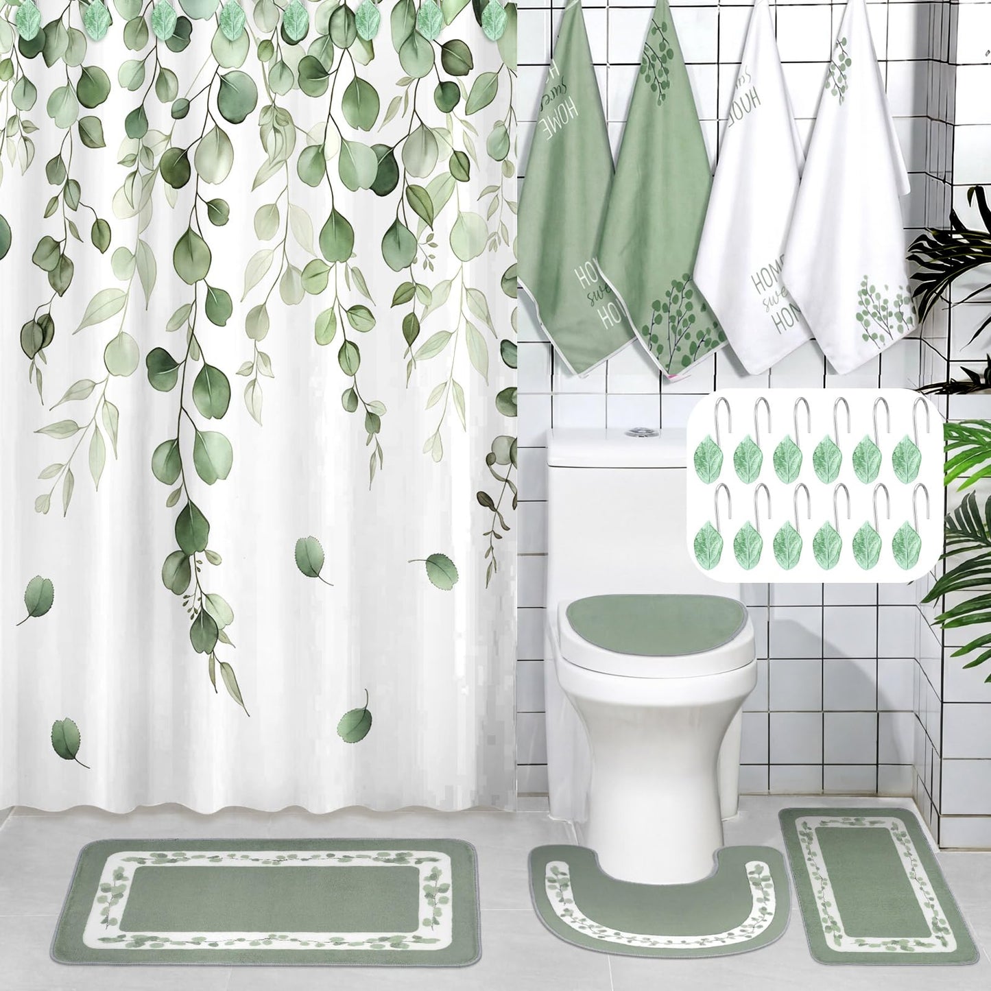 Peryiter 21 Pcs Sage Green Bathroom Set Eucalyptus Leaves Shower Curtain with 12 Leaf Hooks, 4 Sage Green Bath Towels 2 Non-Slip Rugs U-Shaped Toilet Mat & Cover Eucalyptus Decor for Bathroom