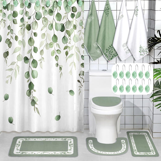 Peryiter 21 Pcs Sage Green Bathroom Set Eucalyptus Leaves Shower Curtain with 12 Leaf Hooks, 4 Sage Green Bath Towels 2 Non-Slip Rugs U-Shaped Toilet Mat & Cover Eucalyptus Decor for Bathroom