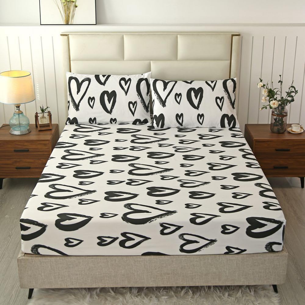 SDIII Love Heart Full Fitted Sheet with 2 Pillowcases, Deep Pocket Soft Microfiber Black and White Romantic Bedding Full Size