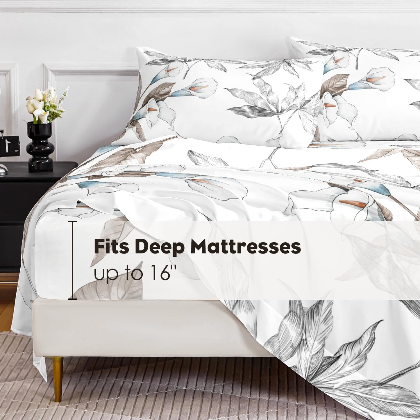 HCORA Floral King Size Sheets Set, Luxury 1800TC Hotel Quality Double Brushed Microfiber Deep Pocket Bed Sheets, Ultra Soft, Breathable and Cooling, 4PC, King