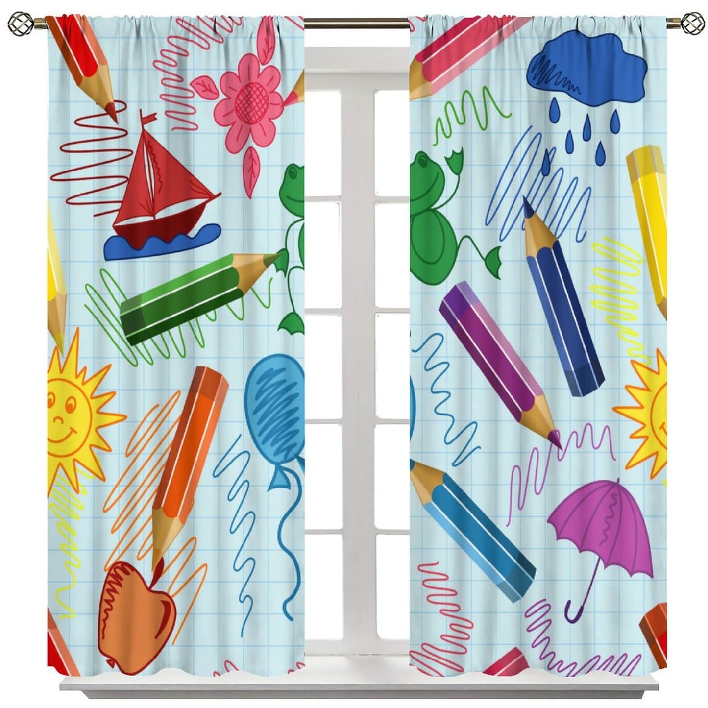 AAVEUP Scientific Creativity Curtain for Kids Bedroom,Cartoon Education Learning Science Atom Robot Pencil Good Idea Window Drapes Print for Boys Nursery Children Toddler Bedroom 42x45in（No Blackout）
