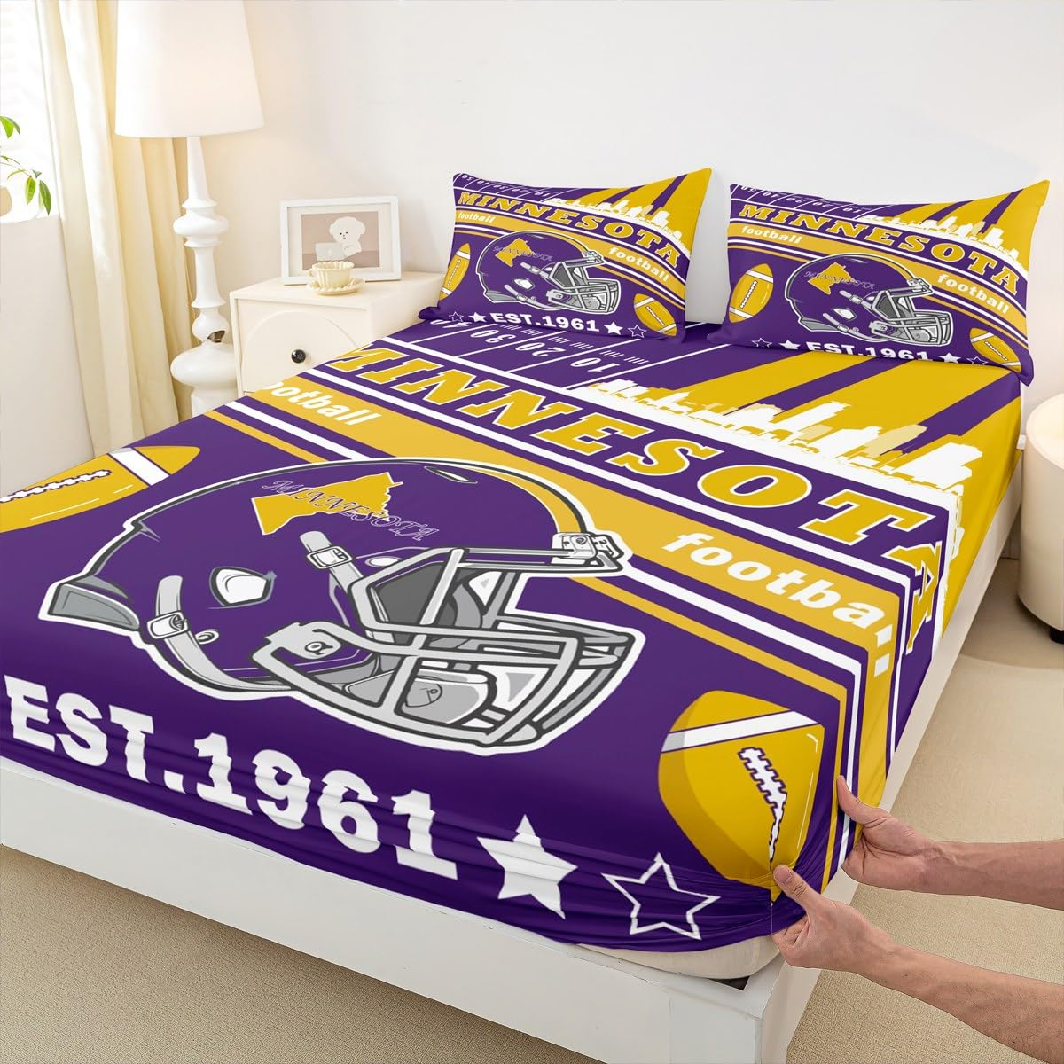 Feelyou Football Bed Sheets Set Boys Teens Twin Size Women Men Rugby Sports Bedding Set Football City Fitted Sheet with 16 Inch Deep Pockets