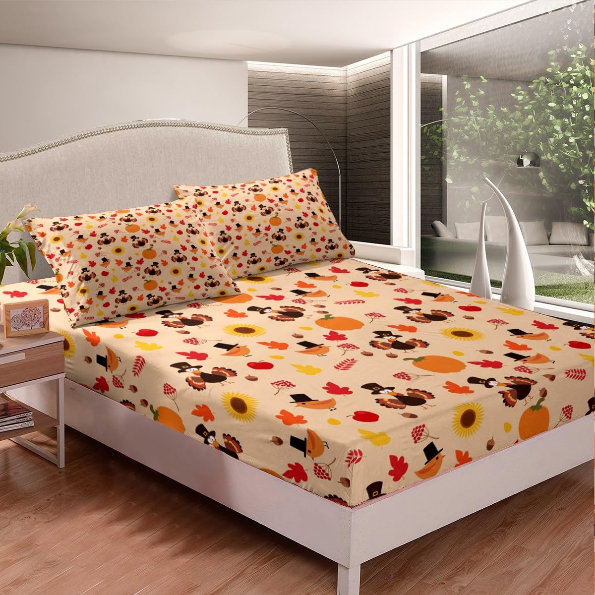 Happy Thanksgiving Fitted Sheet Full, Cartoon Turkey Bedding Set Fall Leaves Bed Sheet Set for Kids Boys Girls Pumpkin Bed Cover Harvest Season Bed Set 3Pcs (2 Pillow Cases and a Fitted Sheet)