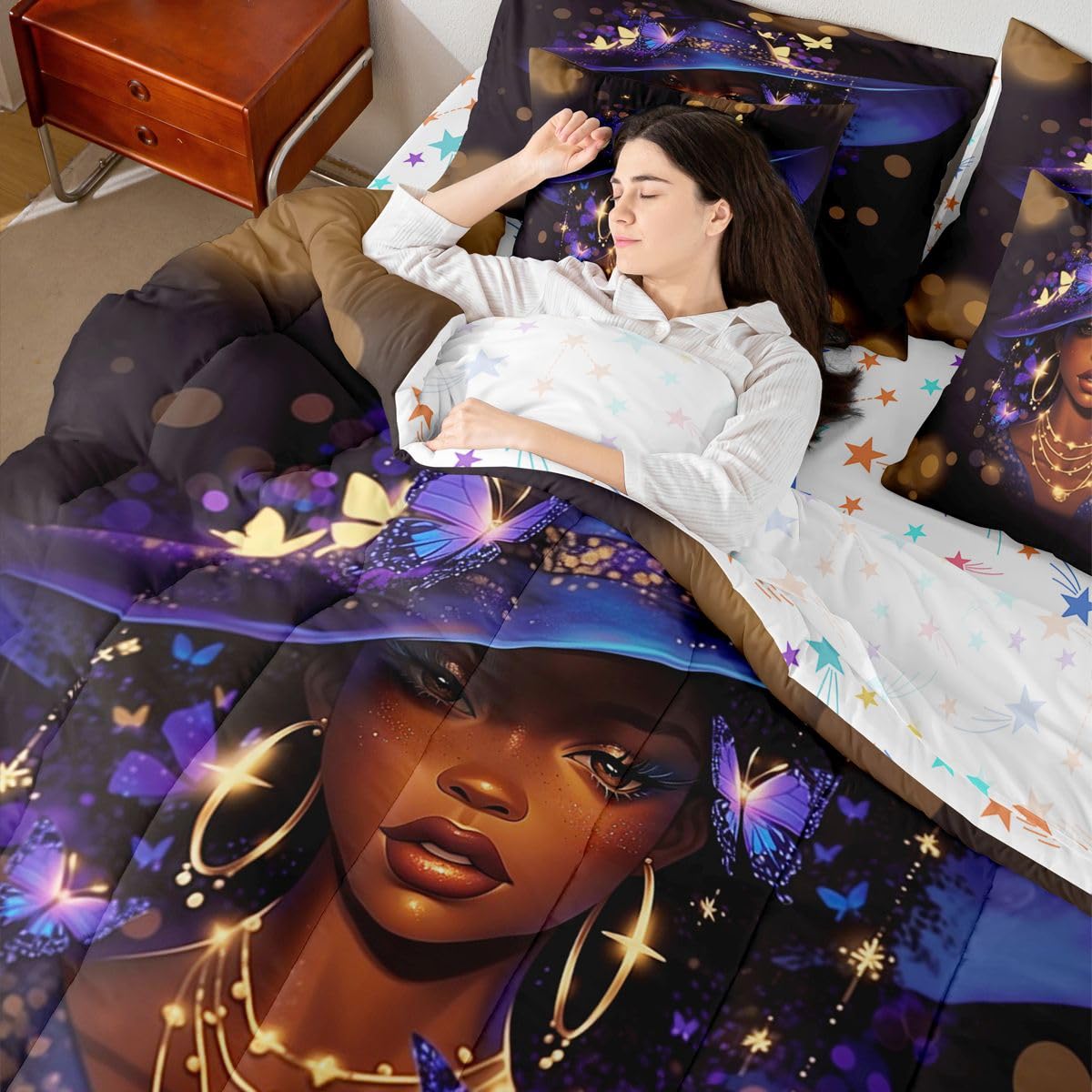 Erosebridal Black Girls Magic Queen Bedding Set Blue Witch Hat Comforter Set with Flat and Fitted Sheet Women Teen Vibrant Butterfly 7-Piece Bed in a Bag Stylish Luxury Gold Art Quilt Sets