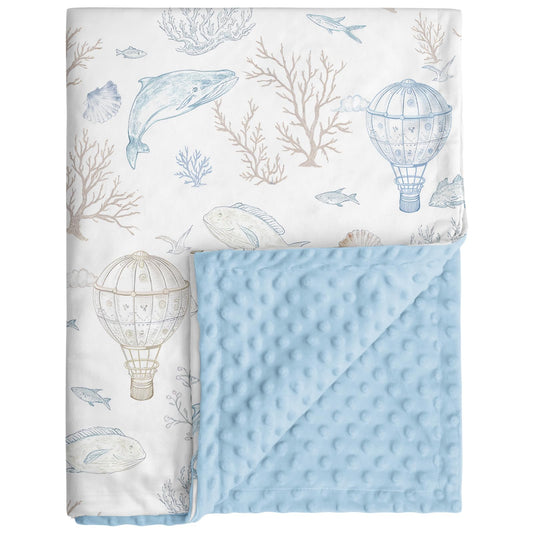 CIVARUA KIDS Whale Baby Fleece Blanket Neutral for Boys Girls, Soft Kid Throw Minky Blanket Double Layer with Dotted Backing, 30 x 40 Inch Blue Whale Hot-air Balloon Print