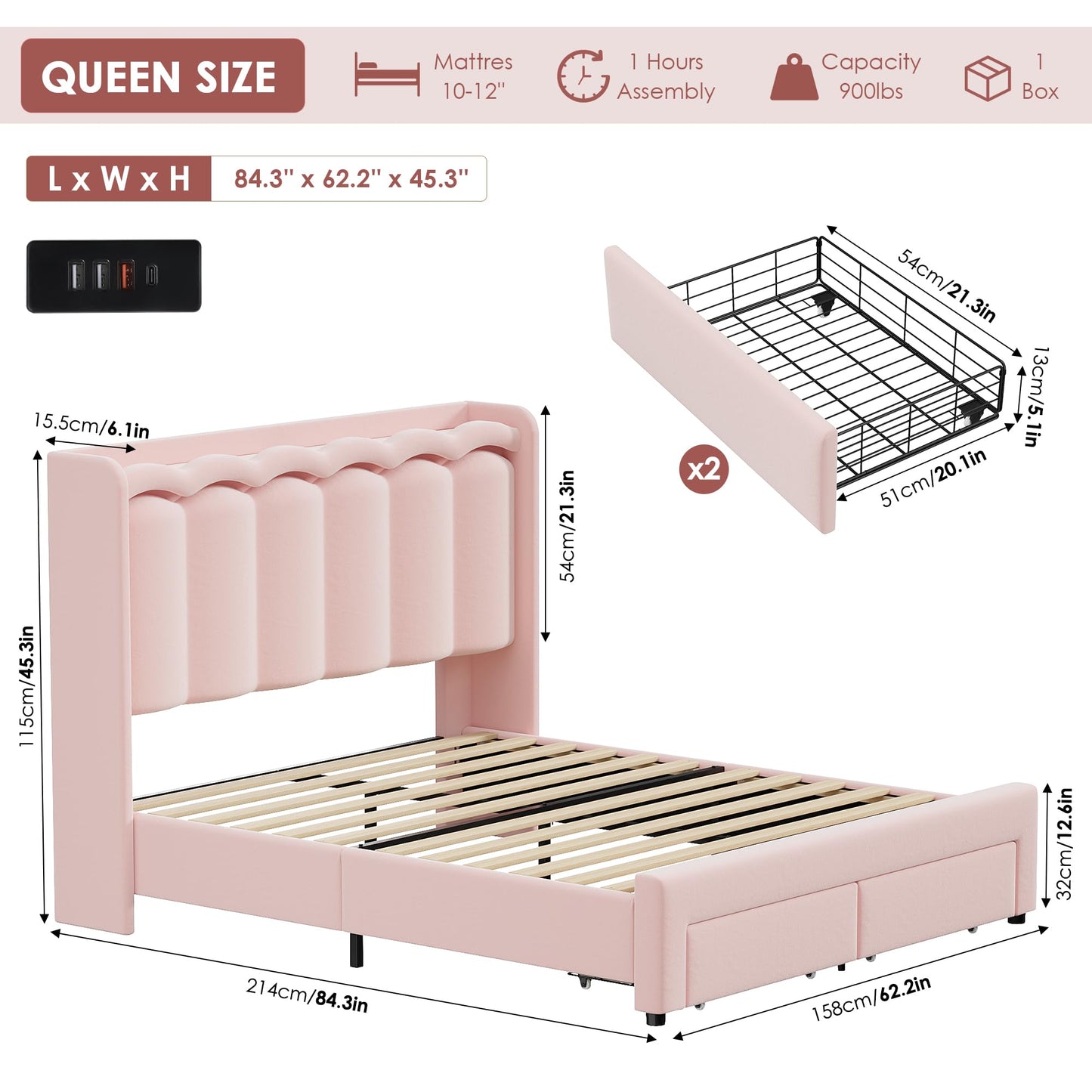 HIFIT Queen Upholstered LED Bed Frame with Charging Station and 2 Storage Drawers, Pink Velvet Princess Bed Frame for Girls, Camas Queen with Double Wavy Wingback Headboard, No Box Spring Needed