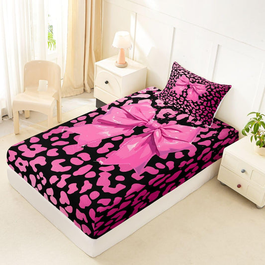 jejeloiu Pink Bowknot Fitted Sheet with 1 Pillowcase Twin Size Cute Leopard Bow Bed Sheets Set 16" Deep Pocket Boys Girls Glitter Bow Bedding Teens Bedroom Decor Breathable Soft Lightweight Microfiber