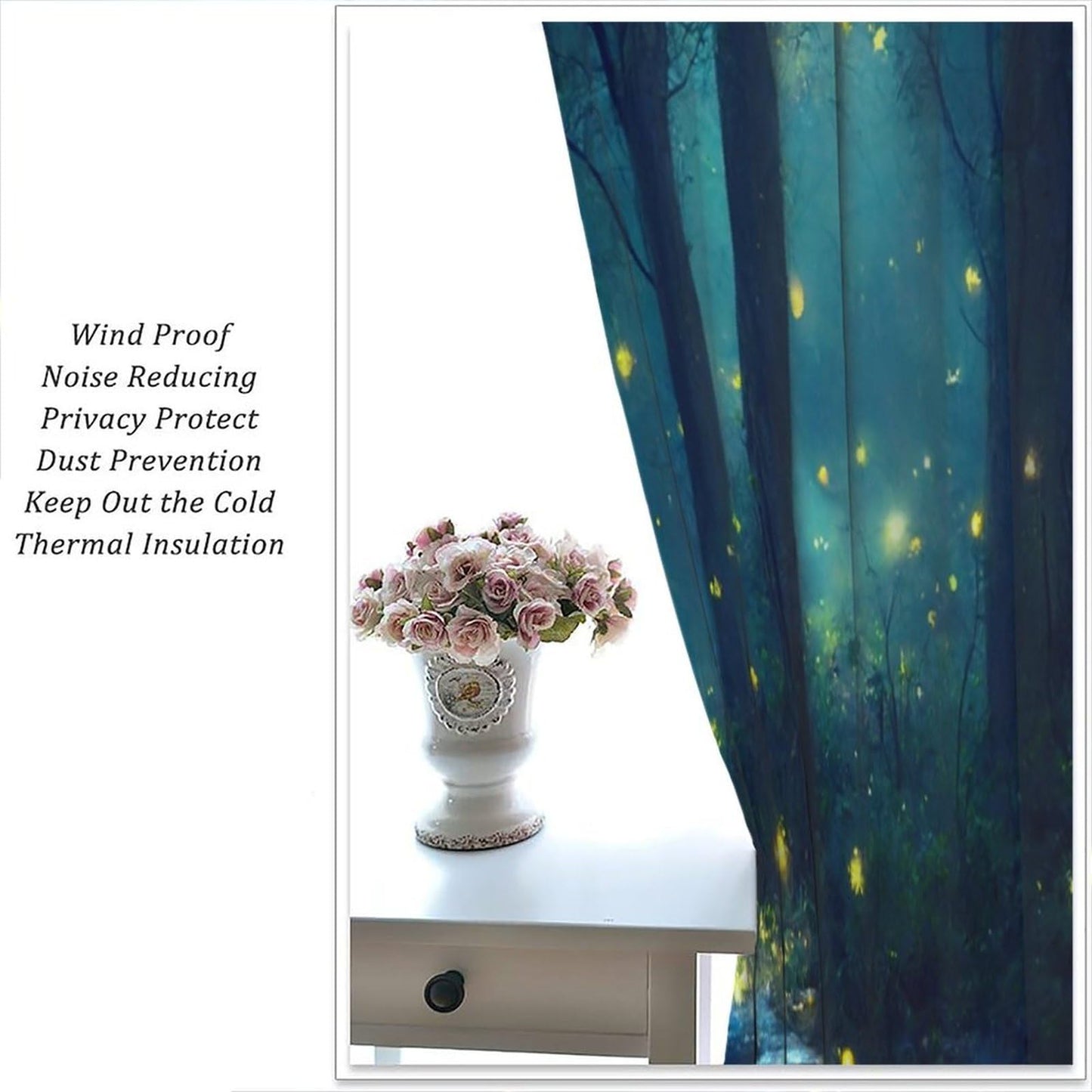SHElifestyle Fantasy Forest Curtains, Enchanted Trees Dreamy Mist Forest Glowing Lights Landscape Window Treatments Drapes for Bedroom Living Room W42 X L45