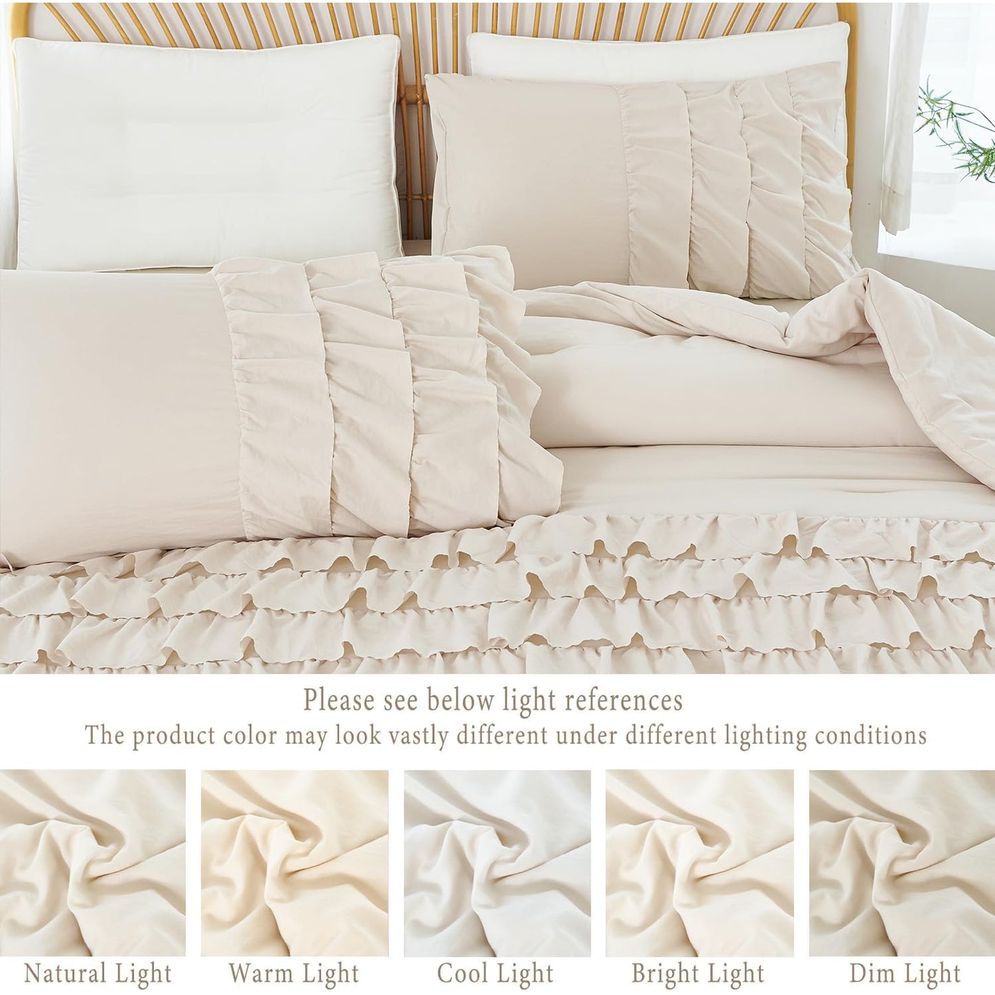 PERFEMET Queen Comforter Set 3 Pieces Beige Ruffled Comforter Set Shabby Chic Bedding Sets for Women Teen Girls Fluffy for All Season