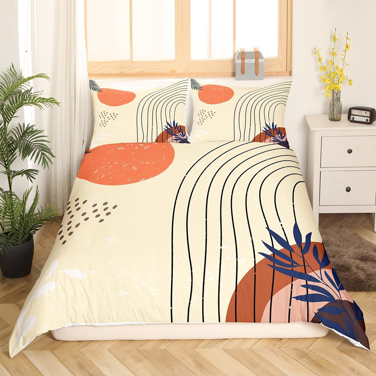 Retro Minimalism Comforter Cover Hippie Modern Bed Set, Mid Century Duvet Cover Queen Size Abstract Art Bedding Sets, Geometric Lines Stripes Bedspread Cover Red Sun Print Bedroom Decoratives