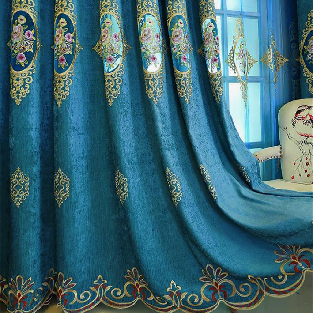 Amidoudou 1 Pair European Luxury Jacquard Hollow Curtains Embroidered Chenille Curtains for Living Room Bedroom (Royal Blue,51x96 Inch)