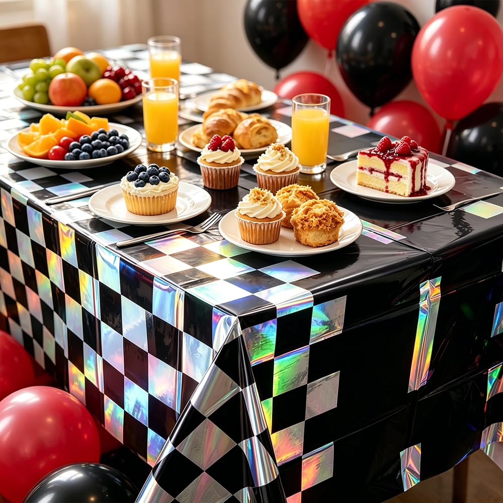 2Pack Iridescent Race Car Checkered Tablecloth Disposable Party Decorations