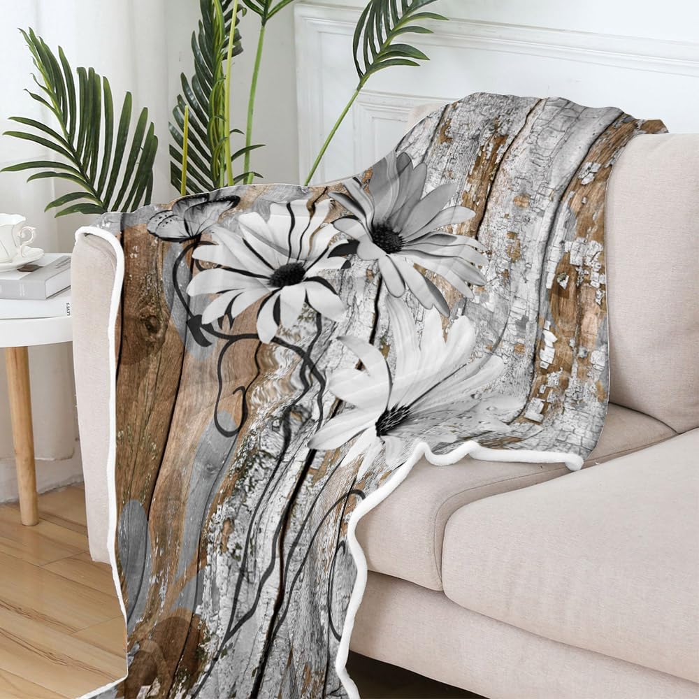 JAWO Farmhouse Flower Floral Throw Blanket, Rustic Grey Daisy Fleece Cozy Warm Bed Couch Blanket, Country Grey Brown Fleece Flannel Throws to Decorate The Room and Bedroom Warm Blanket 50X60IN