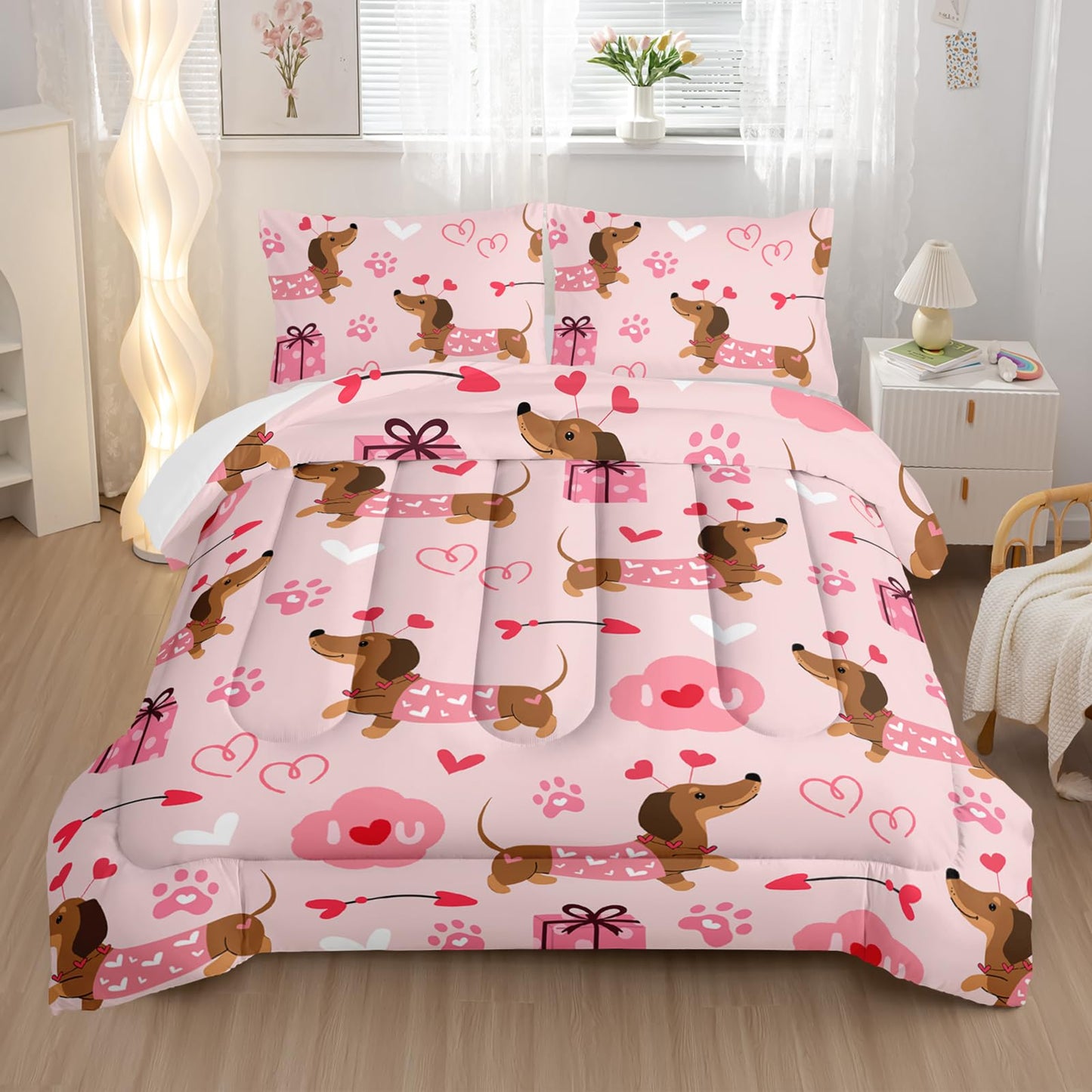 Nttopship Kids Cute Cartoon Dog Comforter Set 3 Piece Dog Bedding Set Twin Size for Kids Cute Pink Dogs Bedding Bed in A Bag Lovely Dog Alternative Room Decor 1 Comforter and 2 Pillowcases
