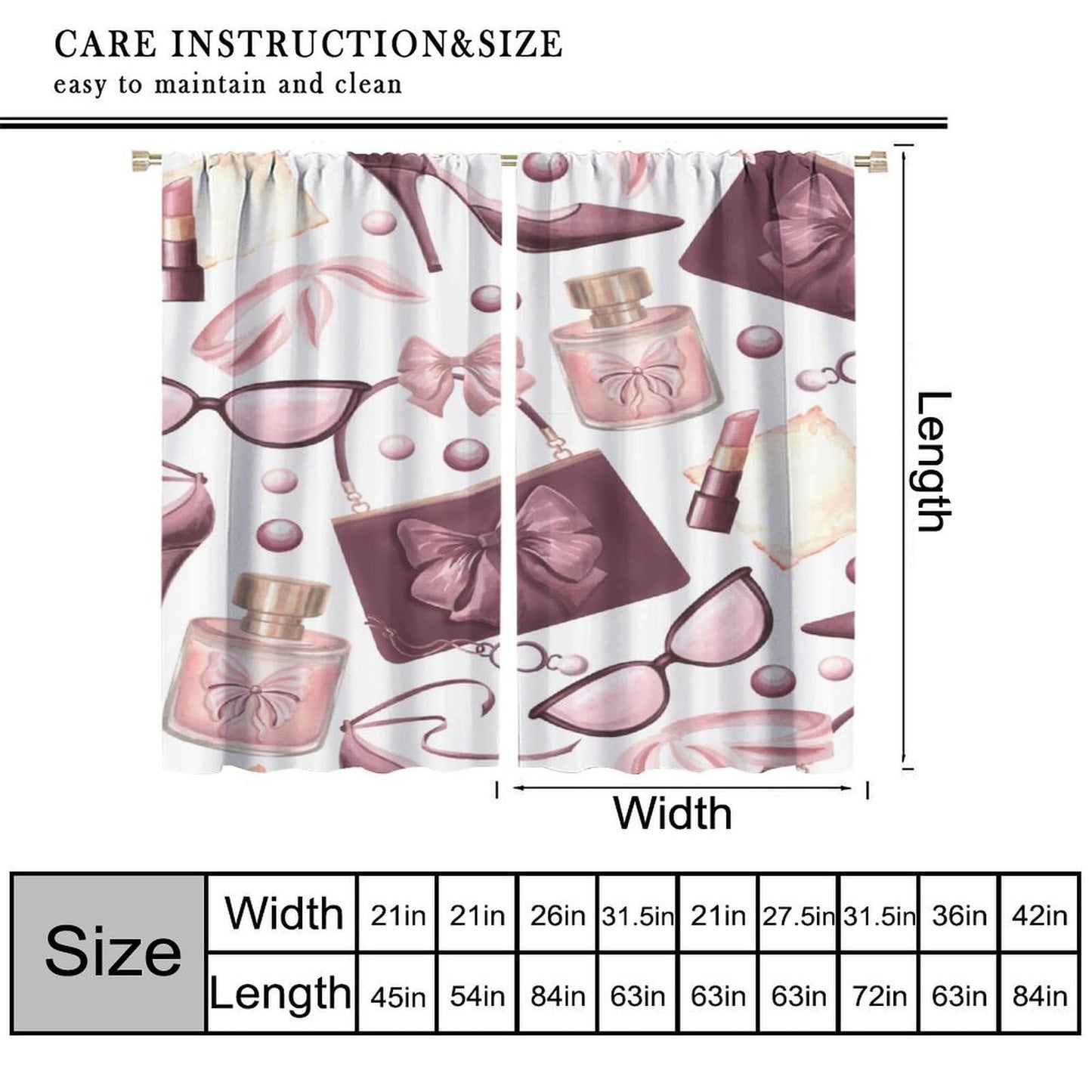 Fashion Girls Curtains Modern High Heels Pink Perfume Lipstick Sunglasses Bag Art Printed Rod Pocket Window Treatments For Women Teenage Living Room Bedroom 2 Panels Set 41x45 ln（No Blackout）