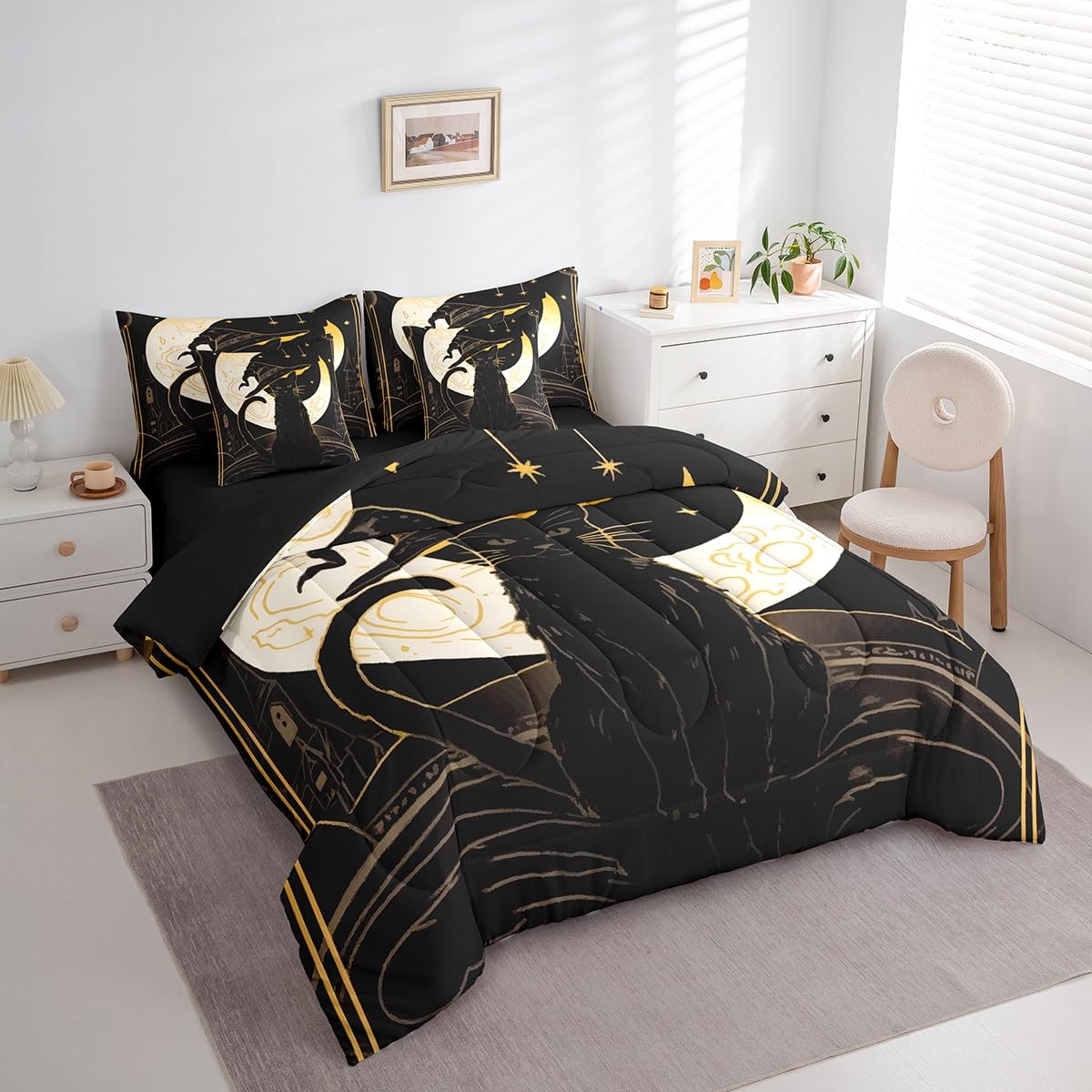 Feelyou Halloween 7 Piece Bedding Set Twin Size for Kids Boys Girls Teens Black Cat Bed in a Bag Moon Star Pattern Comforter Set with Sheets Cute Animal Bed Set