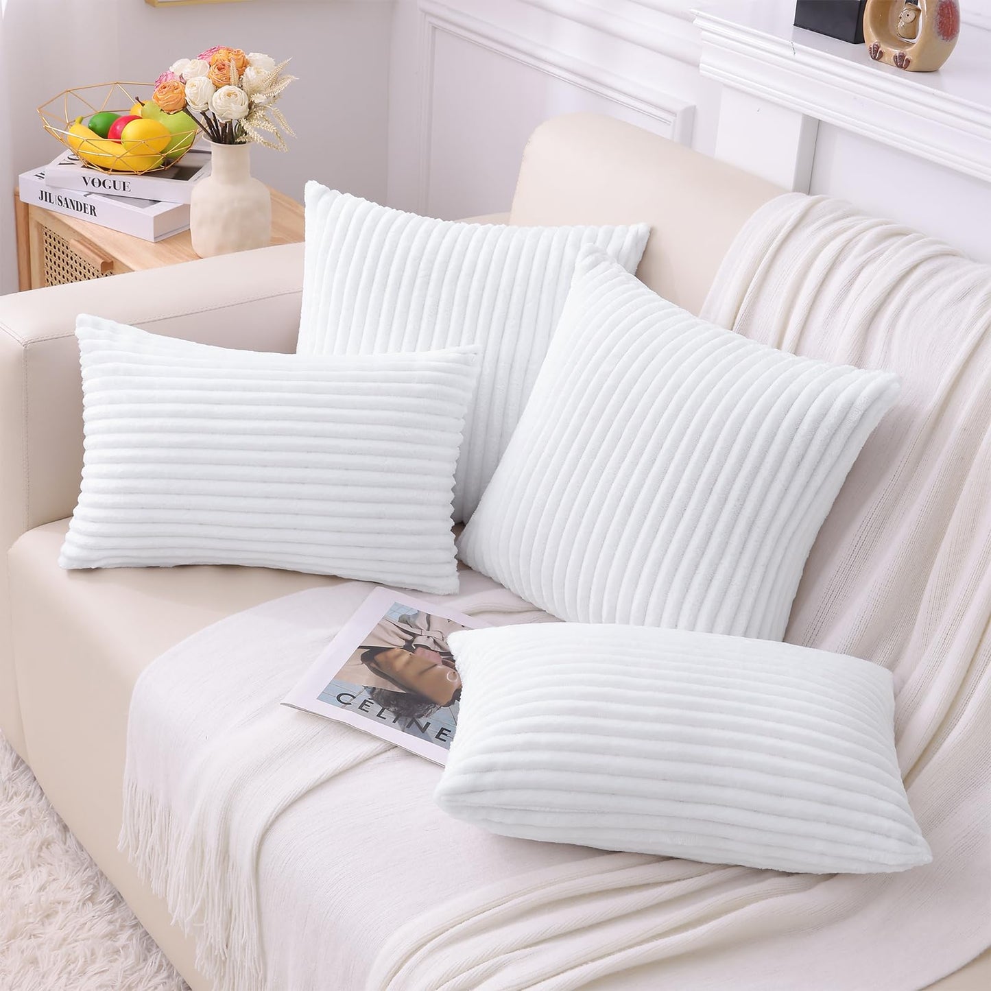 Simmore Decorative Throw Pillow Covers 18x18 Set of 2, Soft Natural Plush Flannel Double-Sided Fluffy Couch Pillow Covers for Sofa Living Room, White