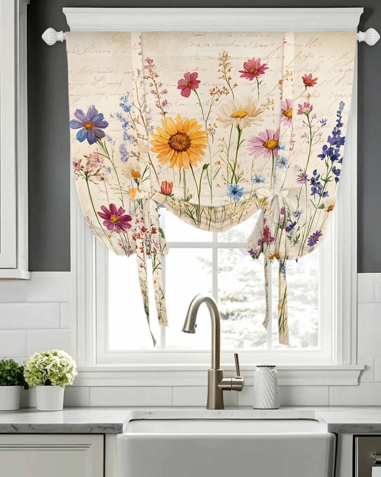 Botanical Floral Tie Up Curtains for Small Windows, Adjustable Rod Pocket Purple Pink Yellow Wildflowers Valance 45 Inch Short for Bathroom Kitchen, Retro Spring Balloon Roman Blind Shade, 34" x 45"