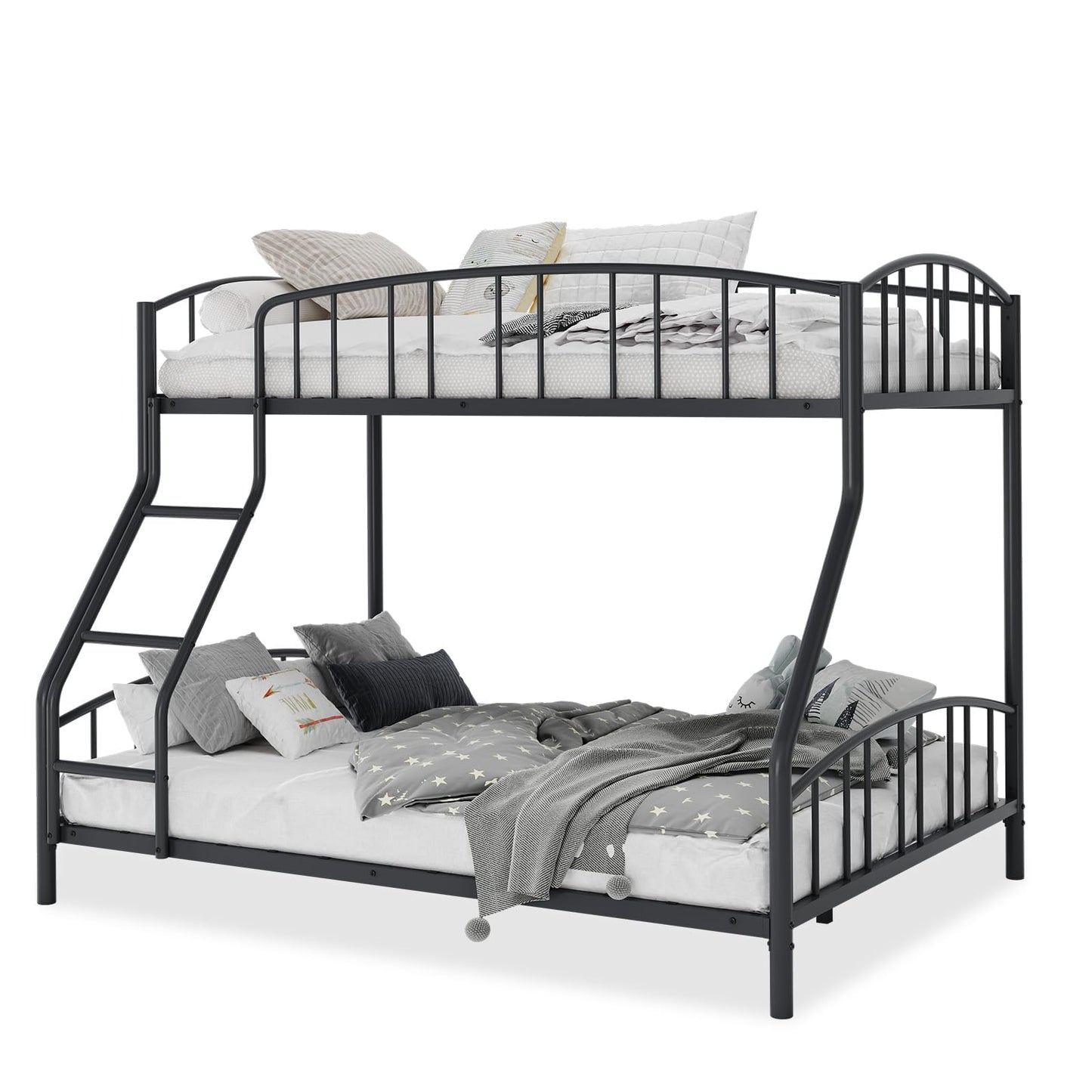 Garvee Bunk Bed Twin Over Full with Ladder and Arched Guardrail, Heavy Duty Bunkbeds Frame with Sturdy Steel Slats Support for Kids Boys Girls, Space-Saving, No Box Spring Needed, Black