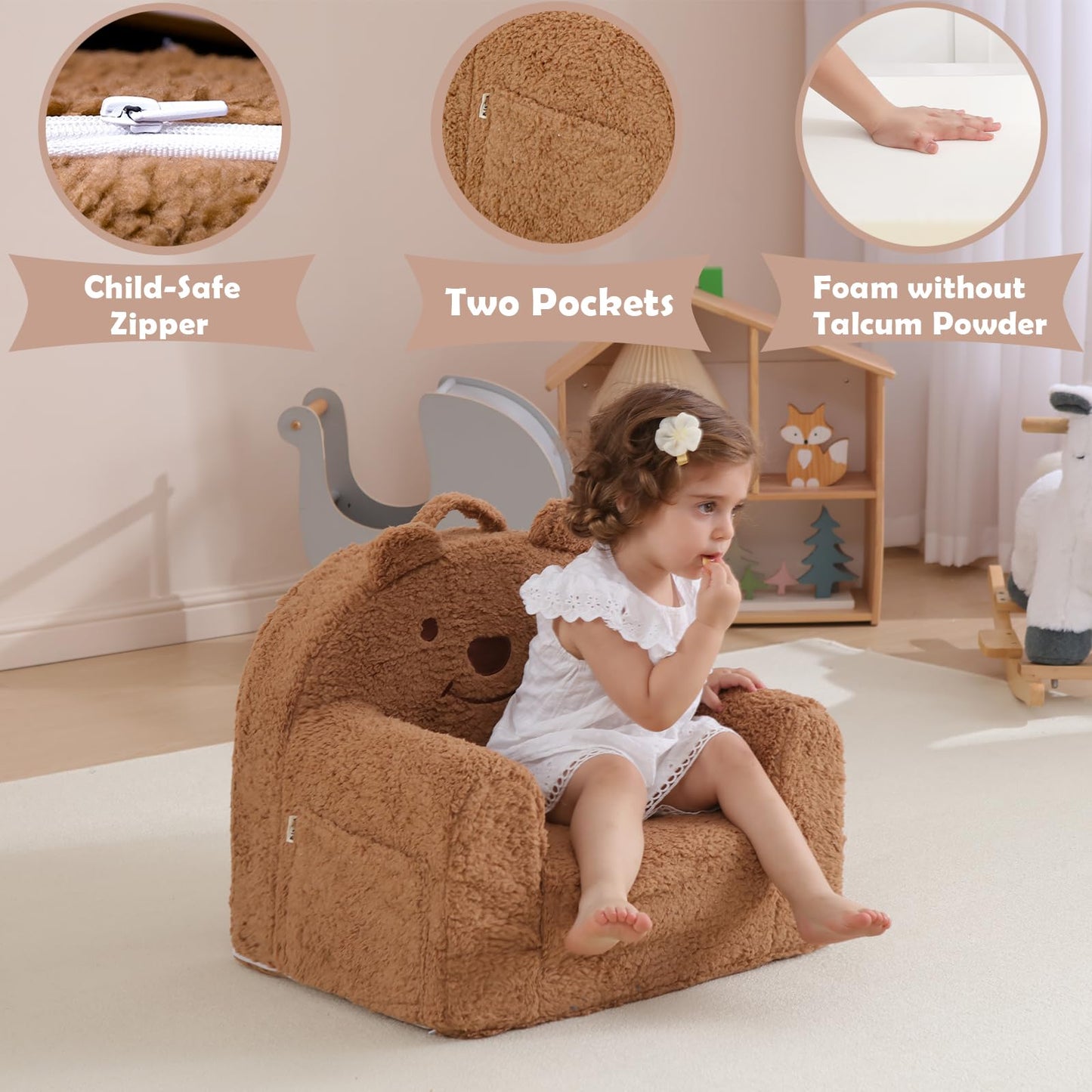 Kisdsa Toddler Chair,Sherpa Bear Toddler Couch Fold Out,Children Reading Chair,Flip Out Kids Couch,Kids Sofa Convertible for Gift (Brown Bear)