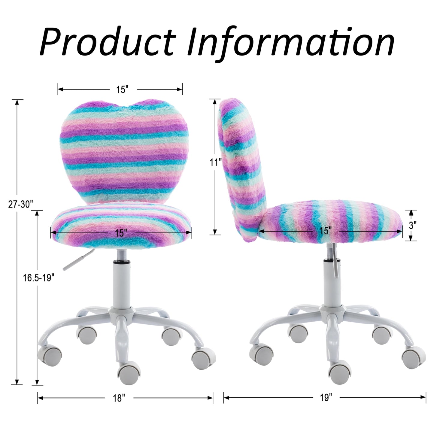 DM Furniture Small Desk Chair Swivel Kids Office Chair Fuzzy Student Computer Task Chair Faux Fur Vanity Chair Cute Heart Chair for Girls Boys Bedroom, Rainbow